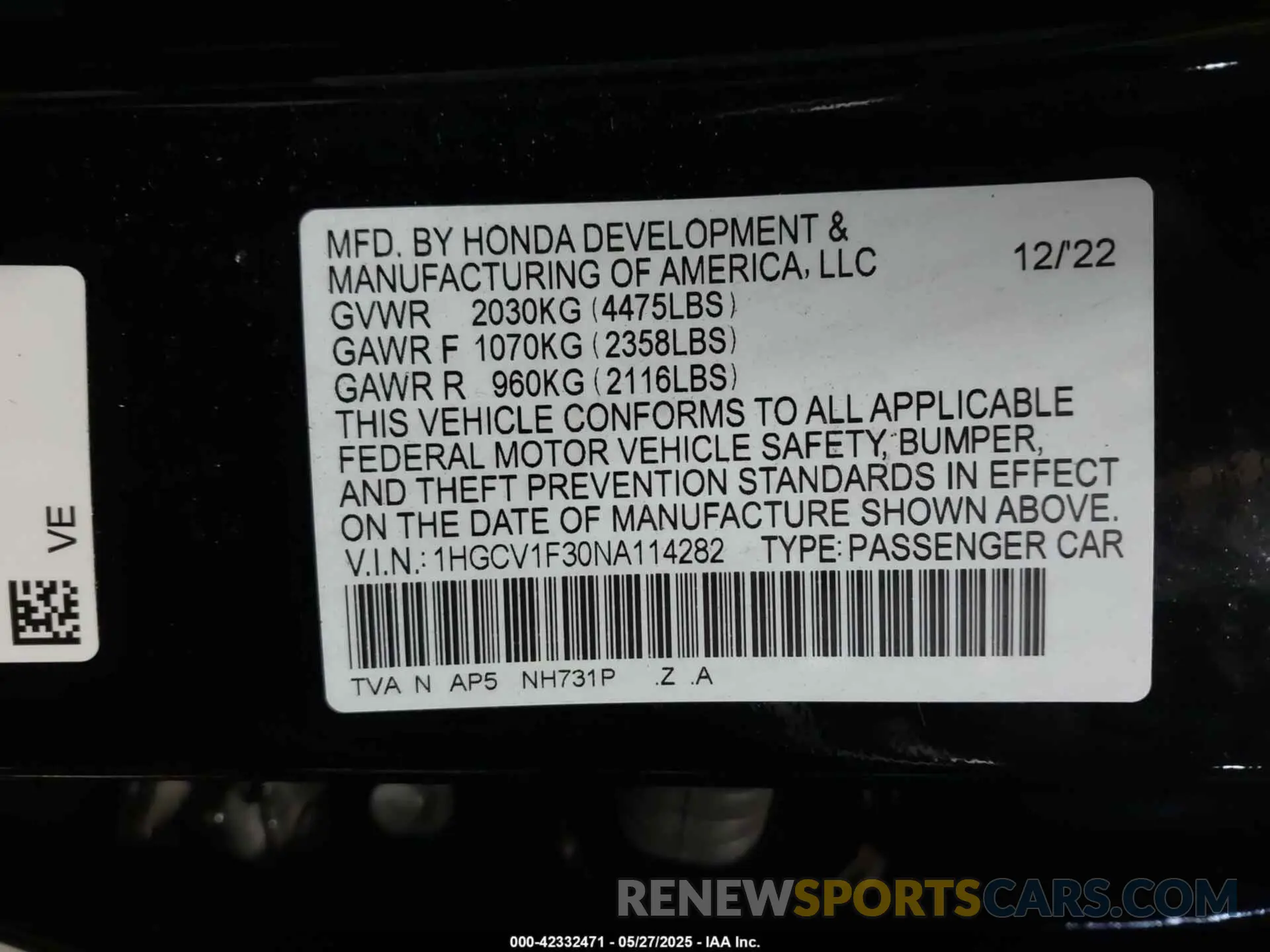 9 Photograph of a damaged car 1HGCV1F30NA114282 HONDA ACCORD 2022