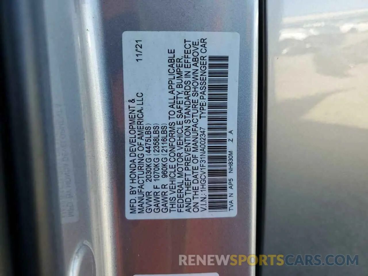 12 Фотография поврежденного автомобиля 1HGCV1F31NA002347 HONDA ACCORD 2022