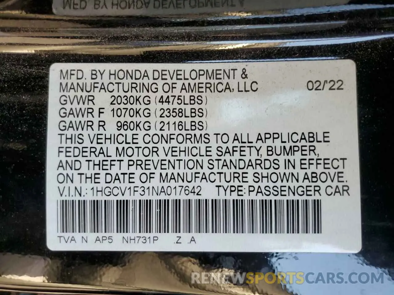 13 Фотография поврежденного автомобиля 1HGCV1F31NA017642 HONDA ACCORD 2022