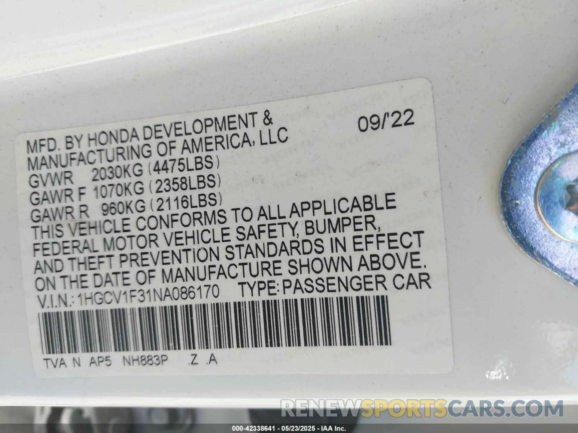 9 Photograph of a damaged car 1HGCV1F31NA086170 HONDA ACCORD 2022