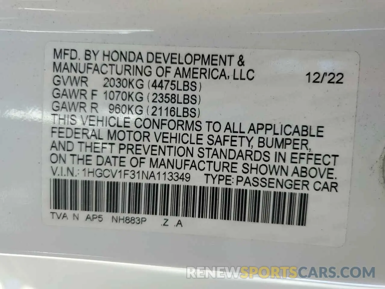 12 Фотография поврежденного автомобиля 1HGCV1F31NA113349 HONDA ACCORD 2022