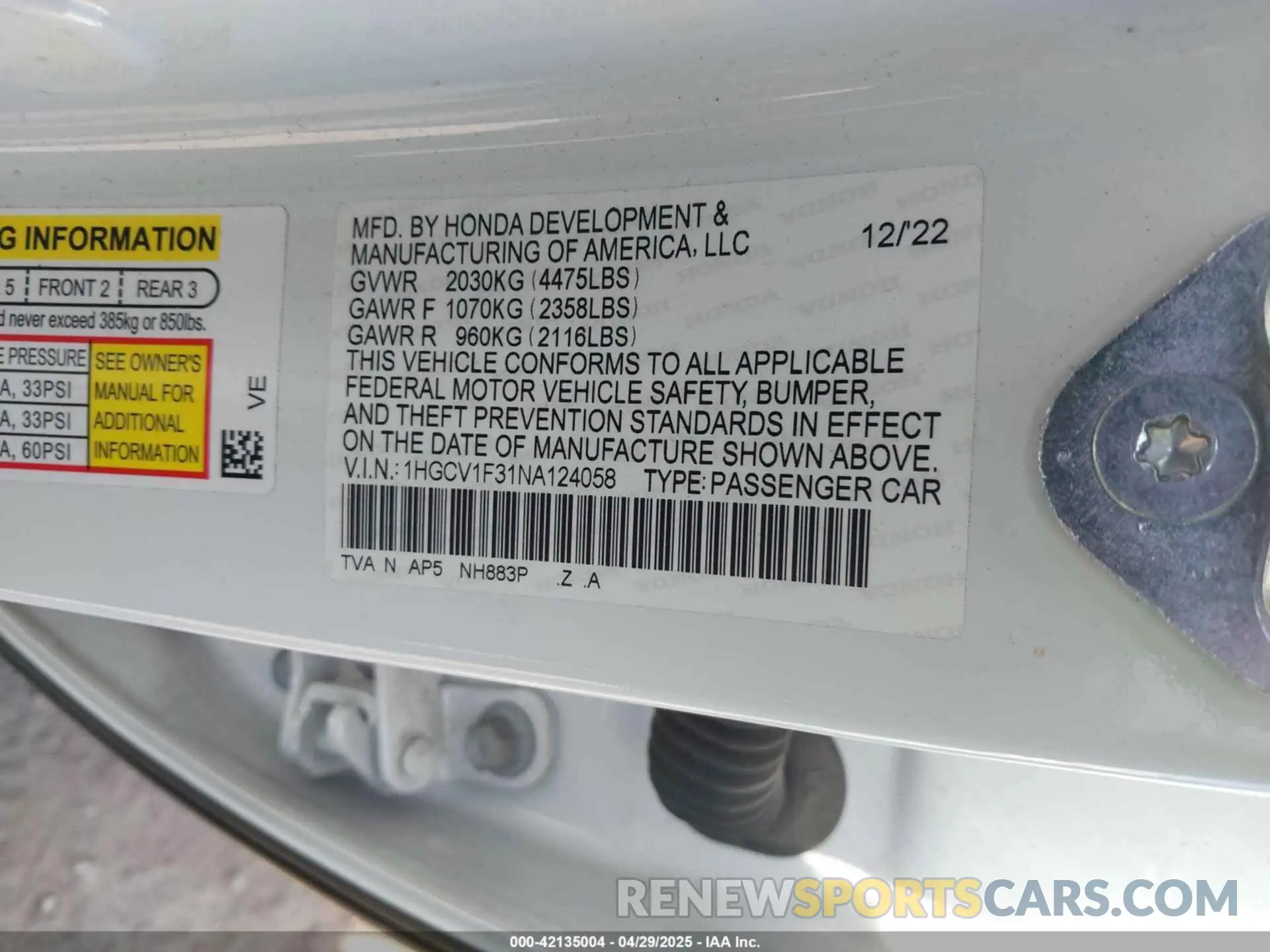 9 Фотография поврежденного автомобиля 1HGCV1F31NA124058 HONDA ACCORD 2022