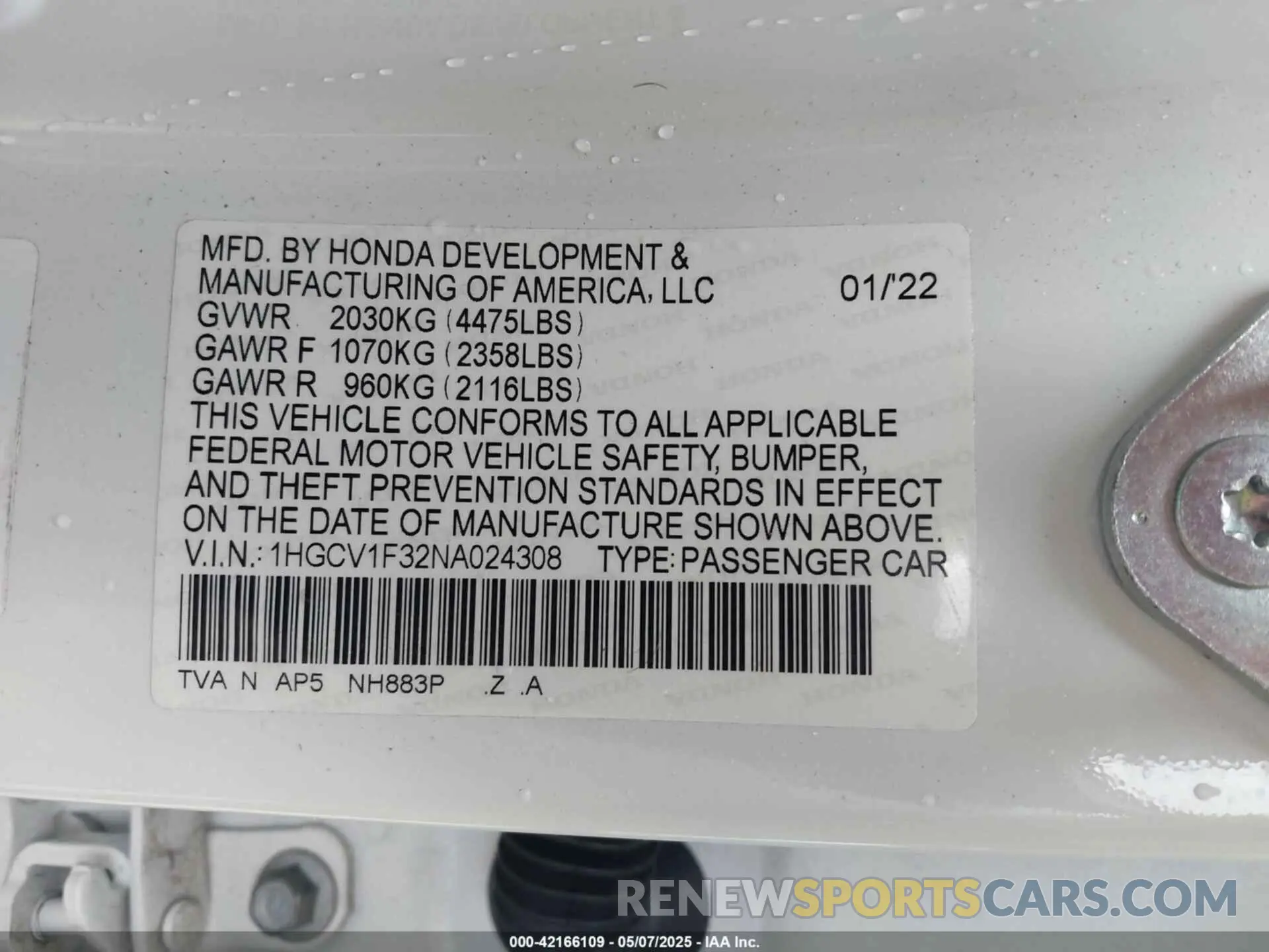 9 Photograph of a damaged car 1HGCV1F32NA024308 HONDA ACCORD 2022