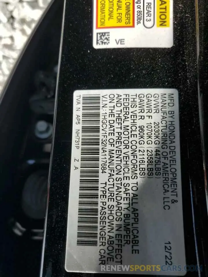 13 Photograph of a damaged car 1HGCV1F32NA117684 HONDA ACCORD 2022