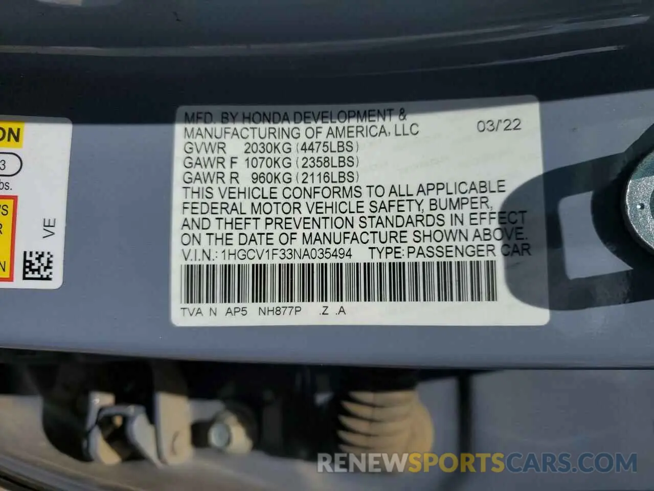 12 Photograph of a damaged car 1HGCV1F33NA035494 HONDA ACCORD 2022