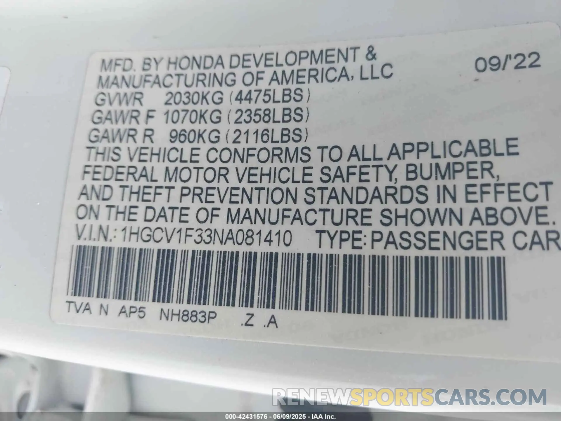 9 Photograph of a damaged car 1HGCV1F33NA081410 HONDA ACCORD 2022