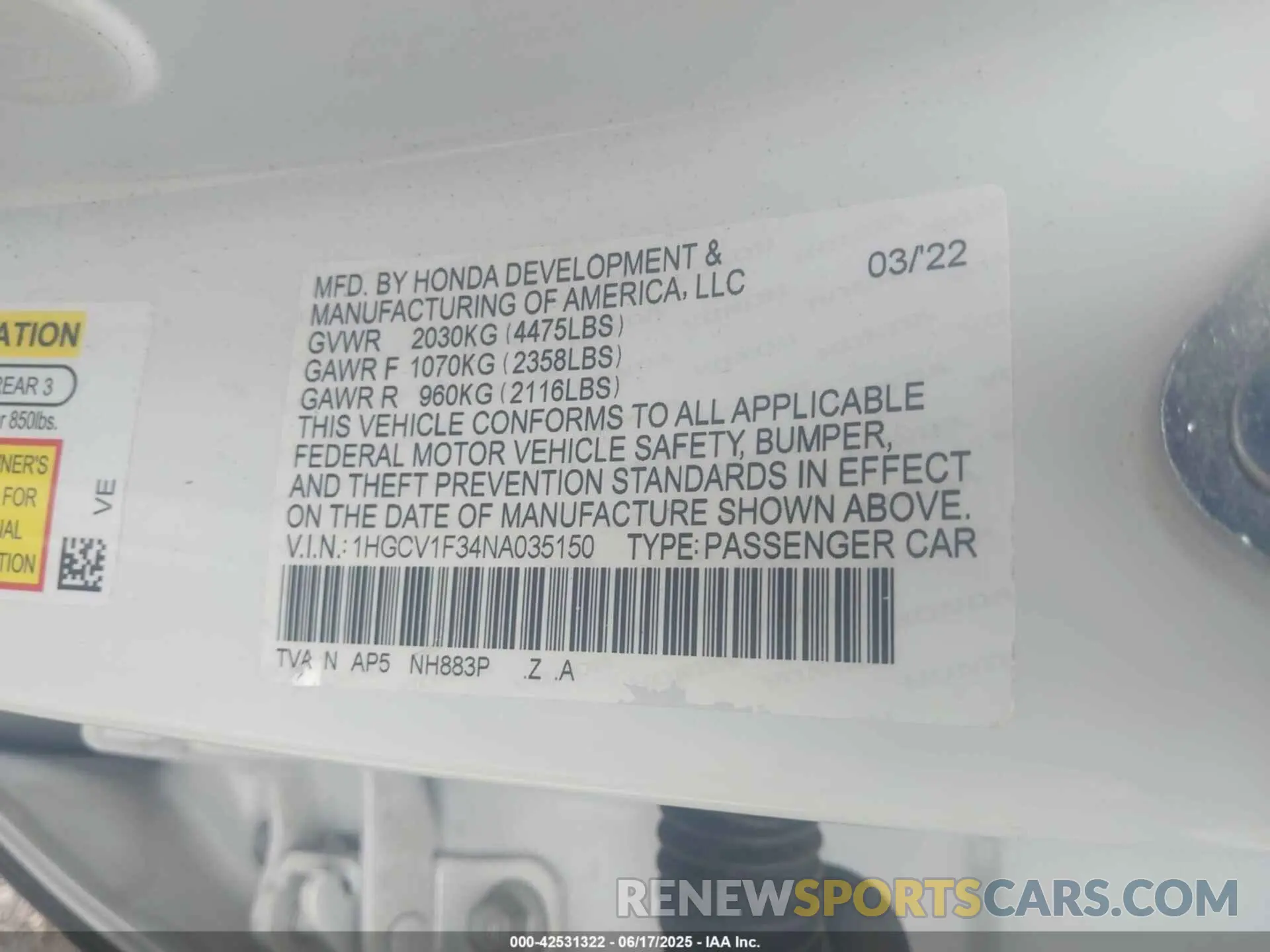 9 Photograph of a damaged car 1HGCV1F34NA035150 HONDA ACCORD 2022