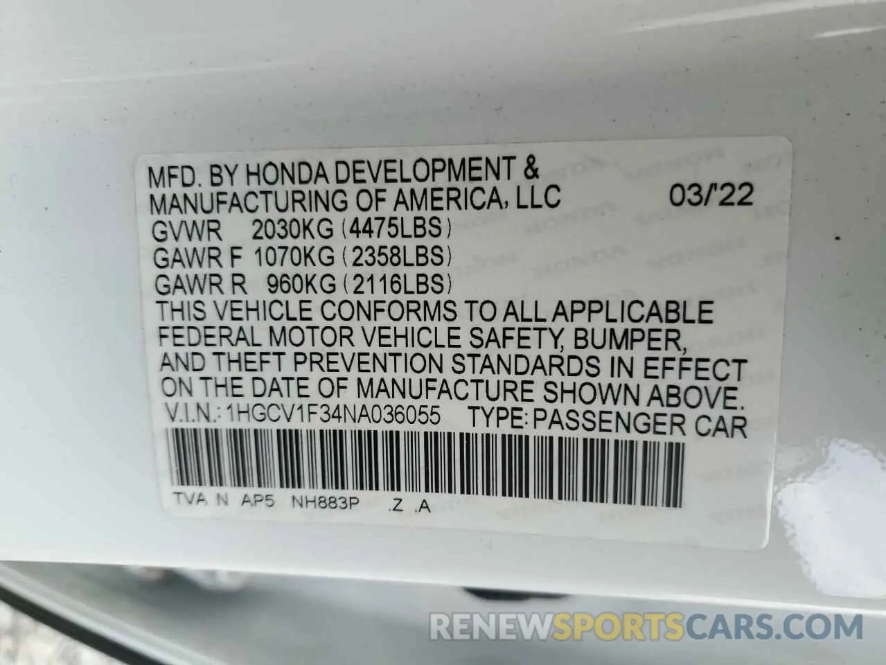 12 Photograph of a damaged car 1HGCV1F34NA036055 HONDA ACCORD 2022