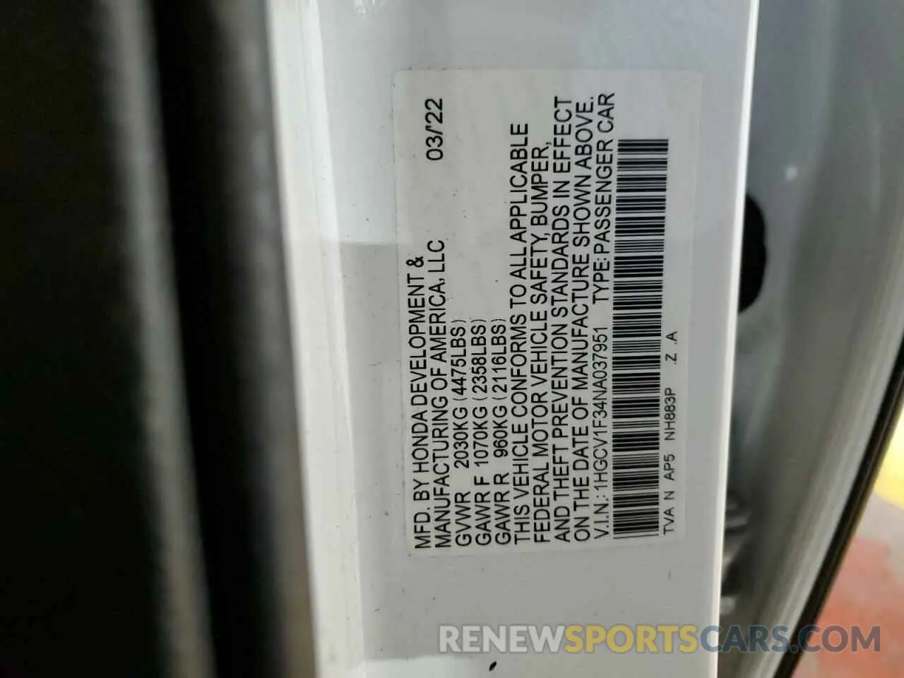 12 Фотография поврежденного автомобиля 1HGCV1F34NA037951 HONDA ACCORD 2022