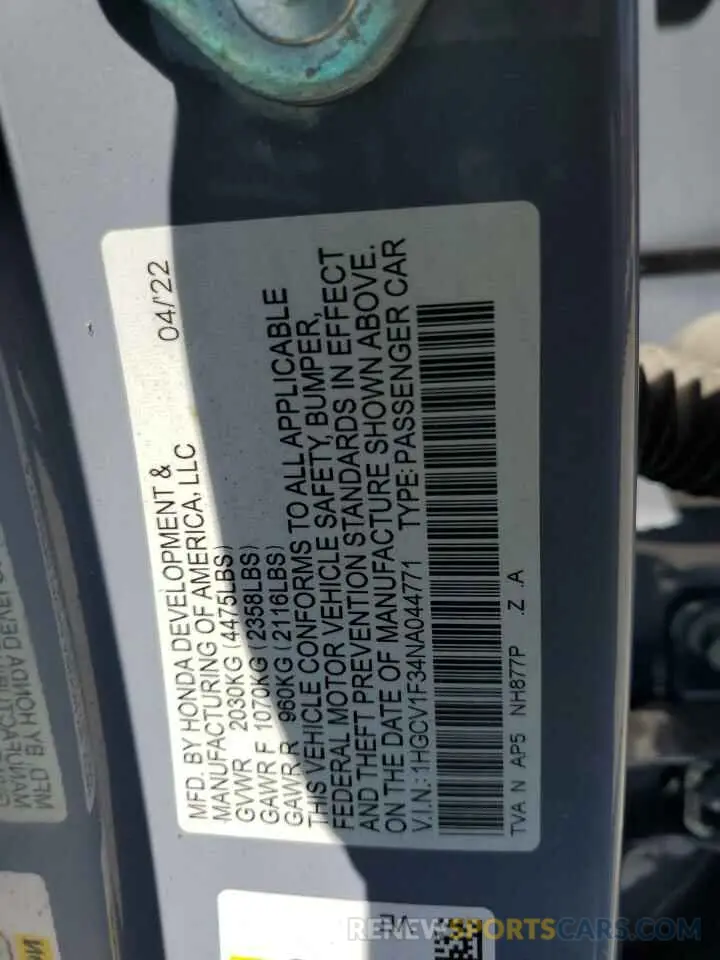 13 Фотография поврежденного автомобиля 1HGCV1F34NA044771 HONDA ACCORD 2022