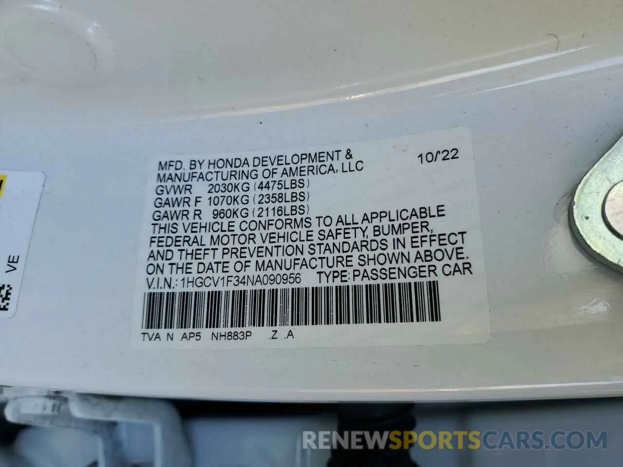 15 Photograph of a damaged car 1HGCV1F34NA090956 HONDA ACCORD 2022