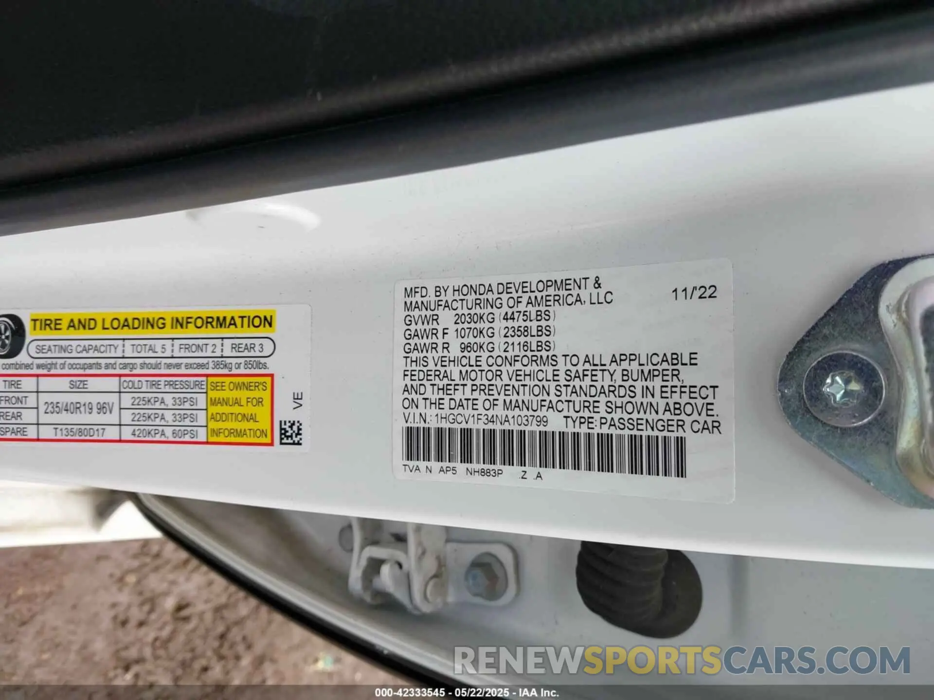 9 Photograph of a damaged car 1HGCV1F34NA103799 HONDA ACCORD 2022