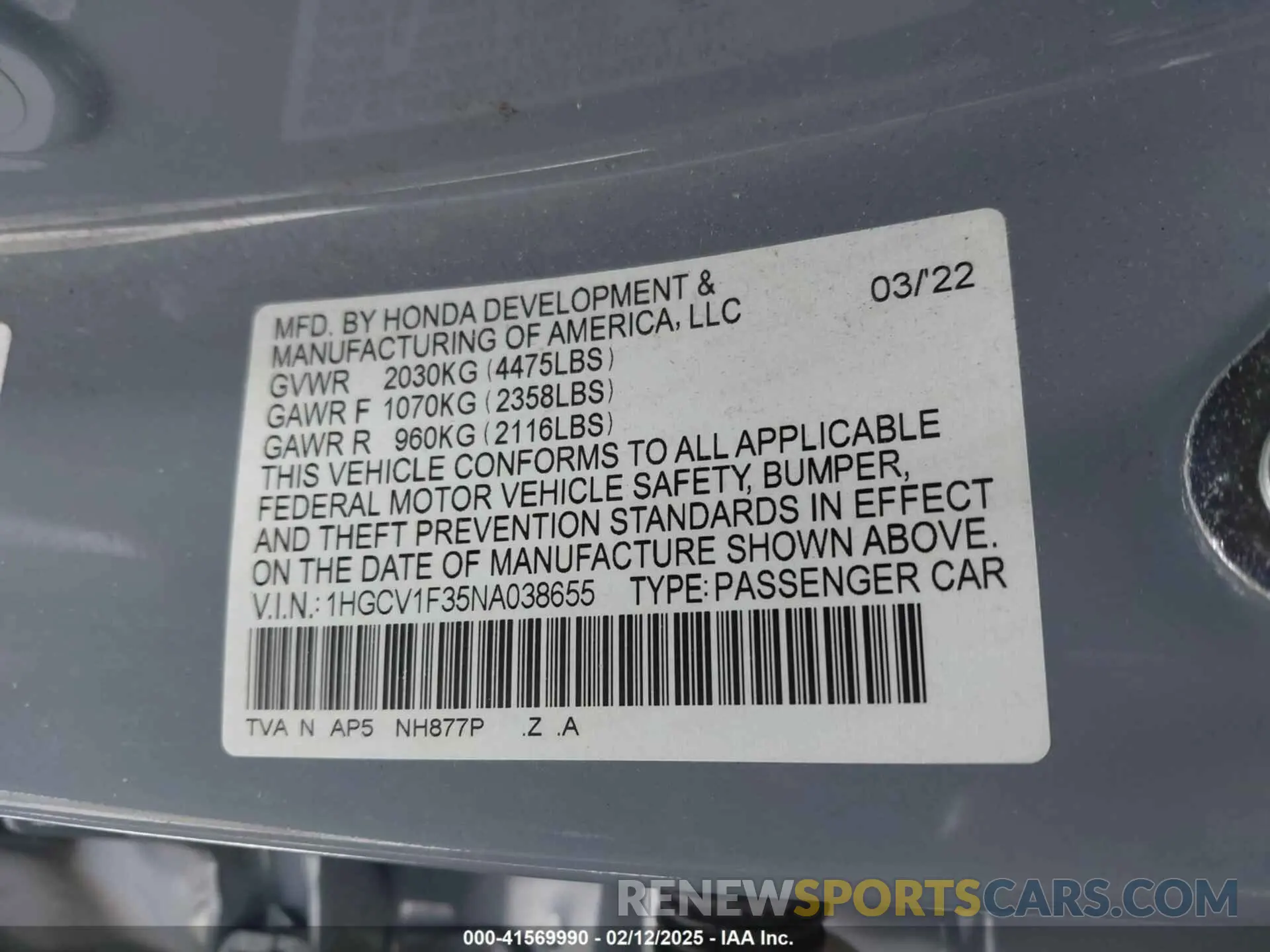 9 Photograph of a damaged car 1HGCV1F35NA038655 HONDA ACCORD 2022