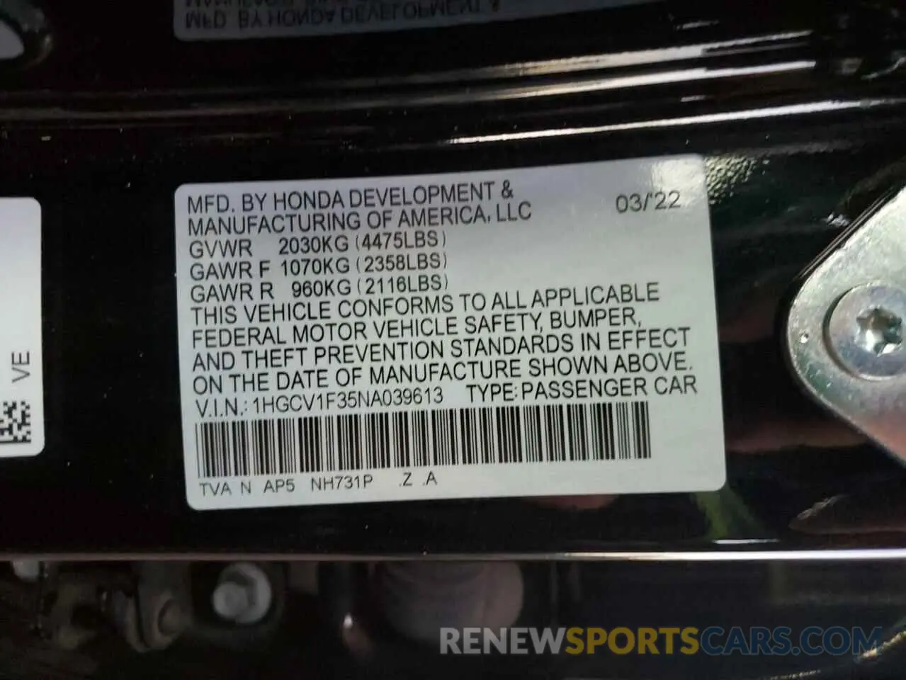 14 Фотография поврежденного автомобиля 1HGCV1F35NA039613 HONDA ACCORD 2022
