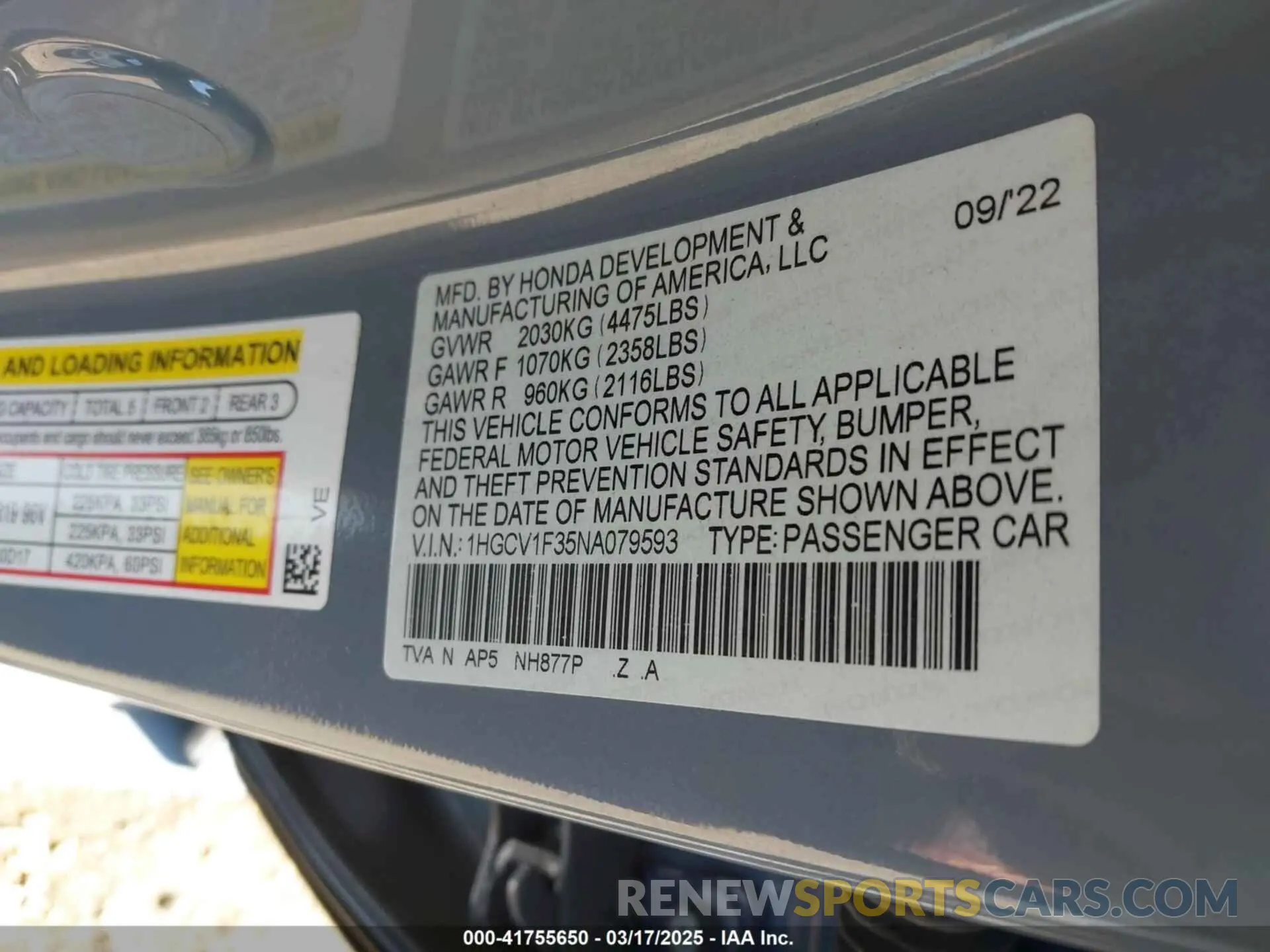 9 Фотография поврежденного автомобиля 1HGCV1F35NA079593 HONDA ACCORD 2022