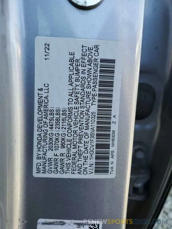 15 Фотография поврежденного автомобиля 1HGCV1F35NA110325 HONDA ACCORD 2022