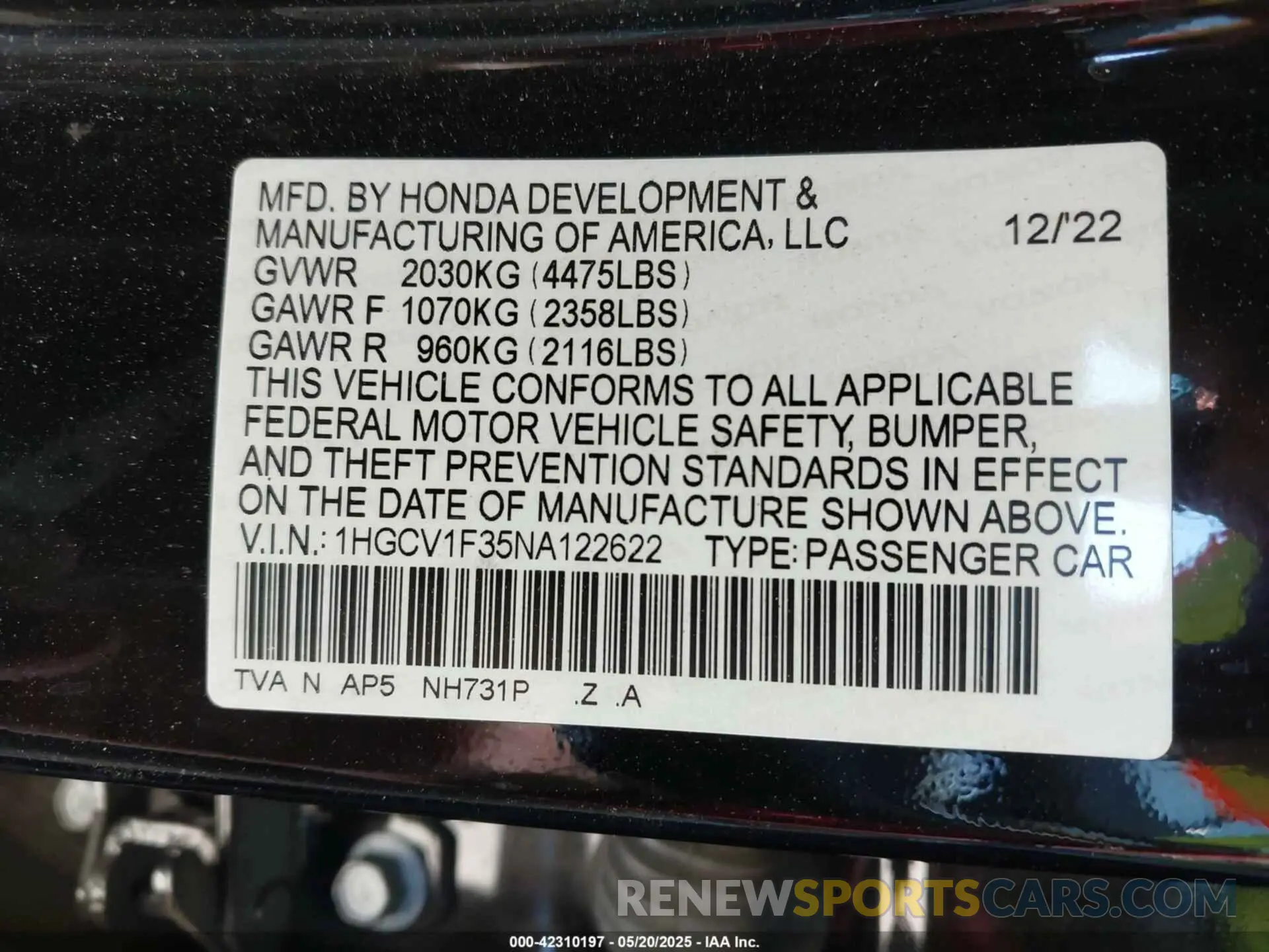 9 Photograph of a damaged car 1HGCV1F35NA122622 HONDA ACCORD 2022