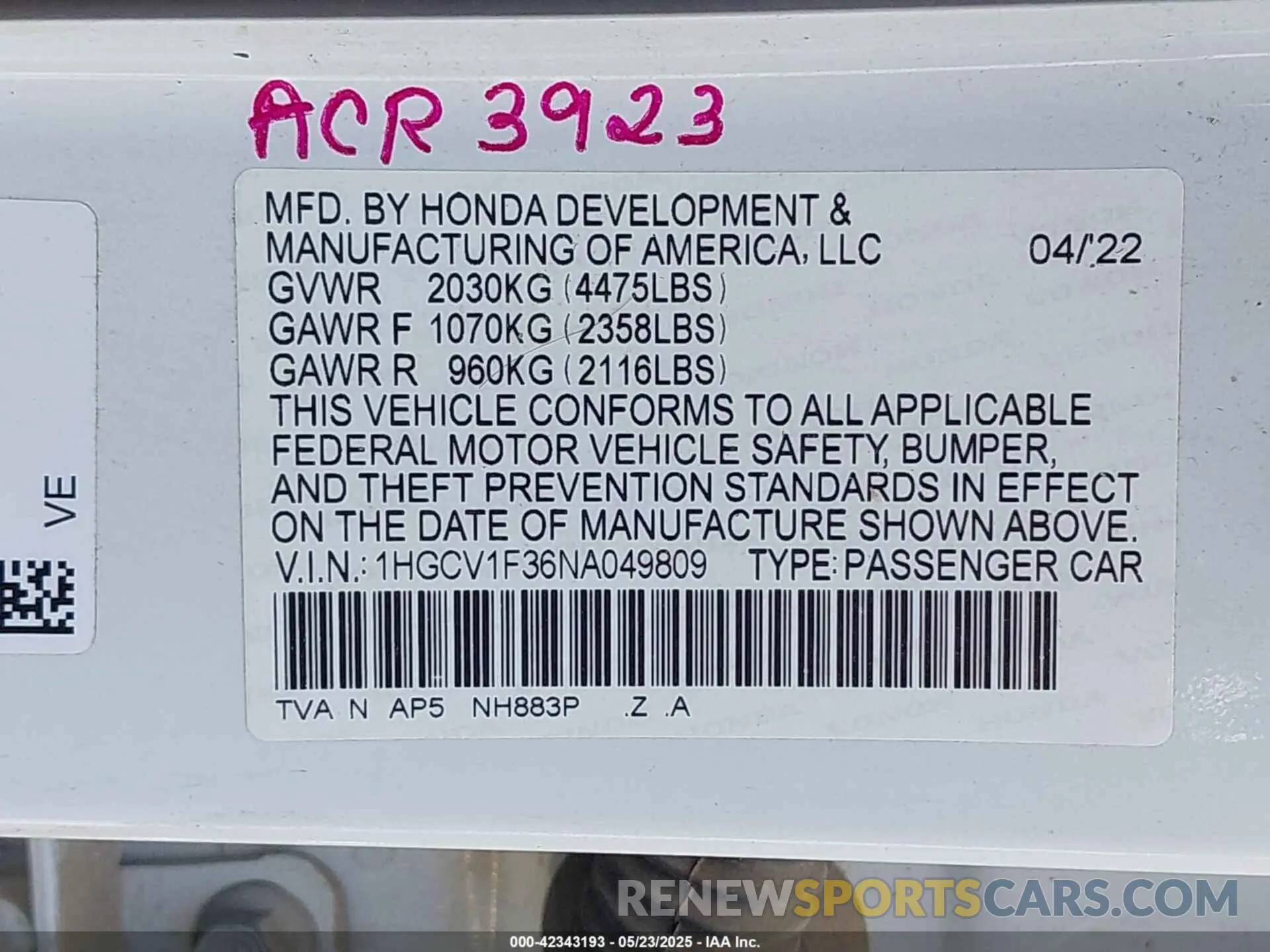9 Photograph of a damaged car 1HGCV1F36NA049809 HONDA ACCORD 2022