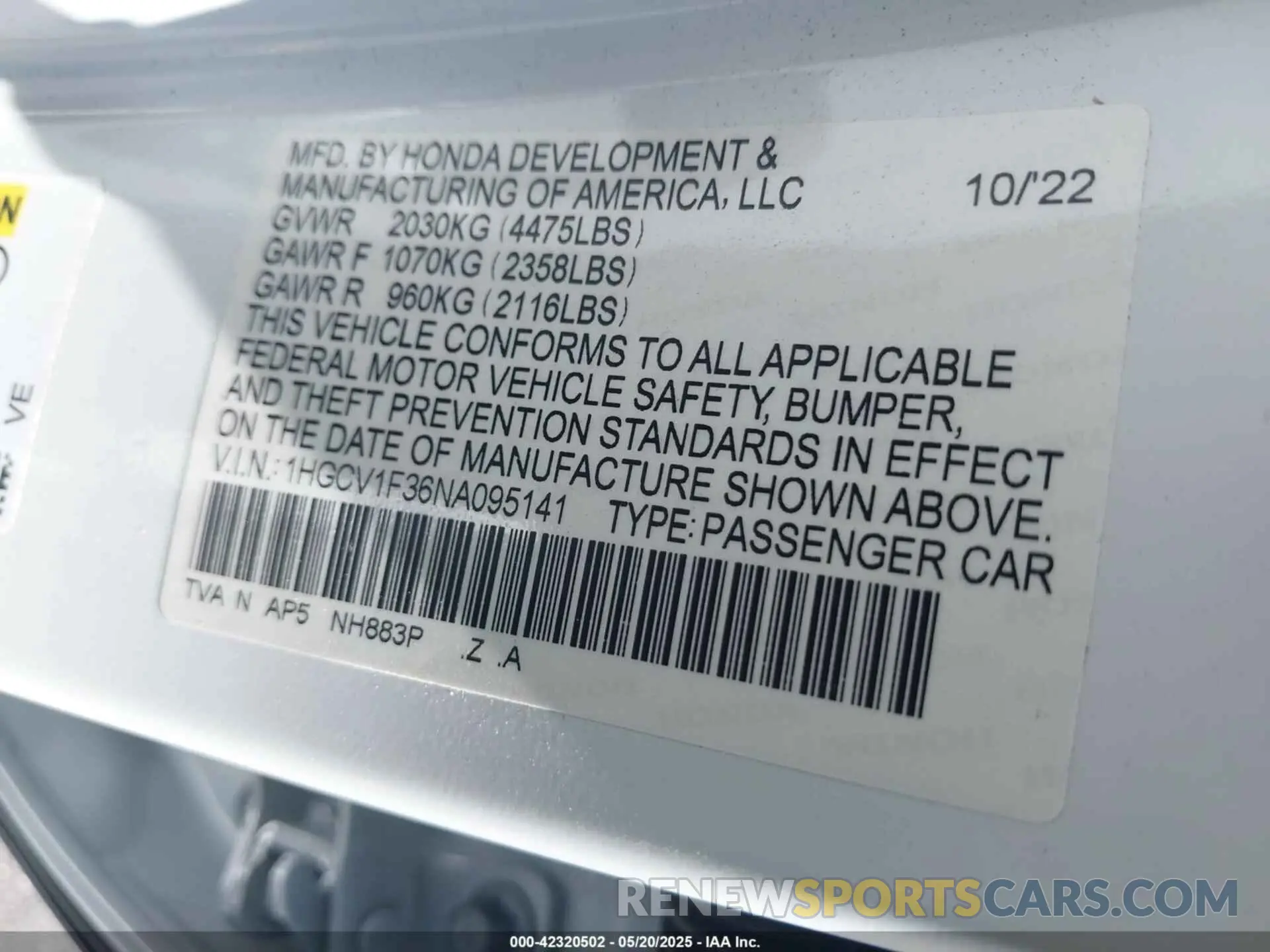 9 Фотография поврежденного автомобиля 1HGCV1F36NA095141 HONDA ACCORD 2022
