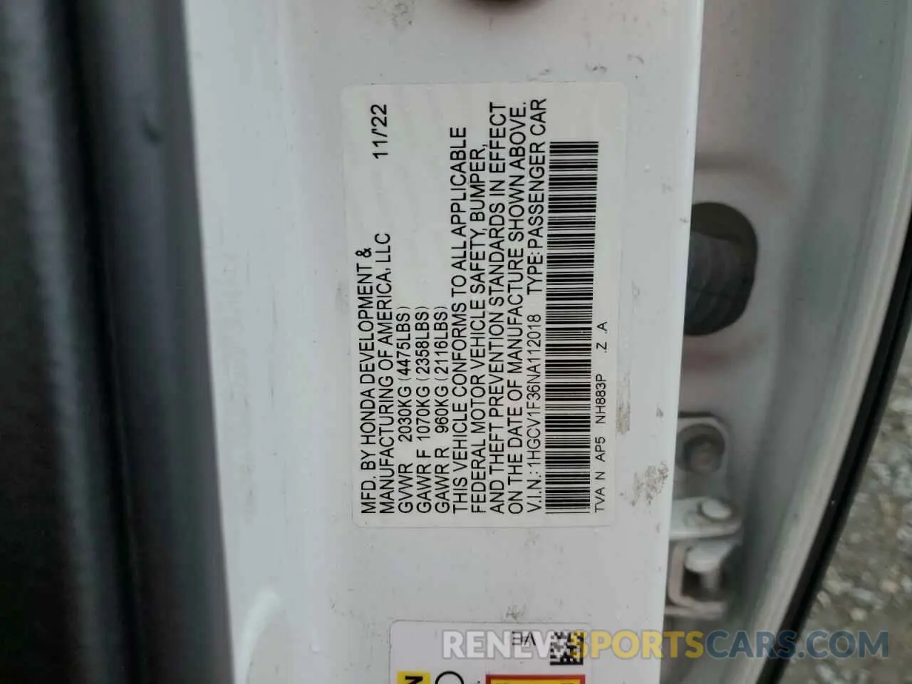 12 Photograph of a damaged car 1HGCV1F36NA112018 HONDA ACCORD 2022