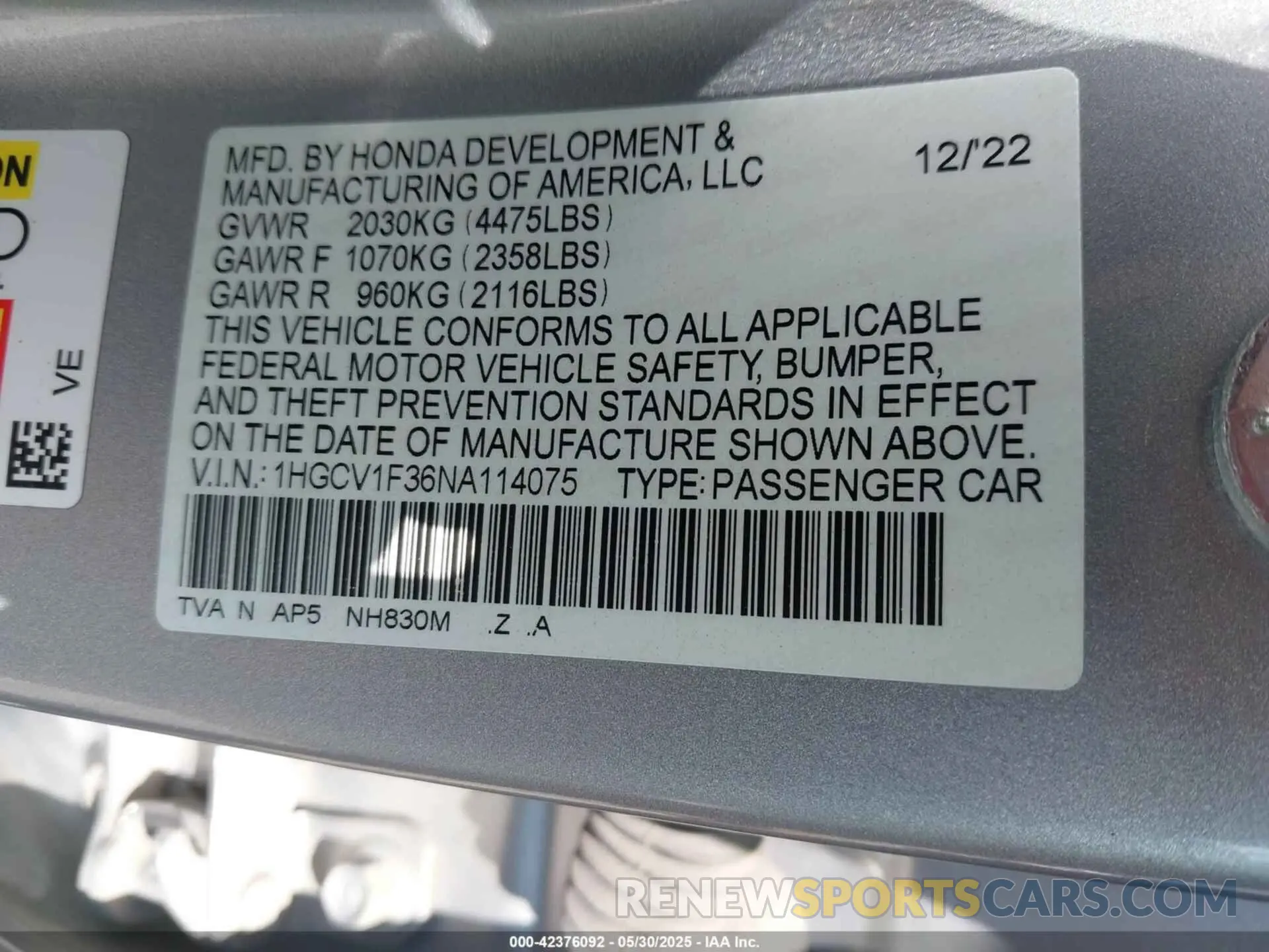 9 Photograph of a damaged car 1HGCV1F36NA114075 HONDA ACCORD 2022