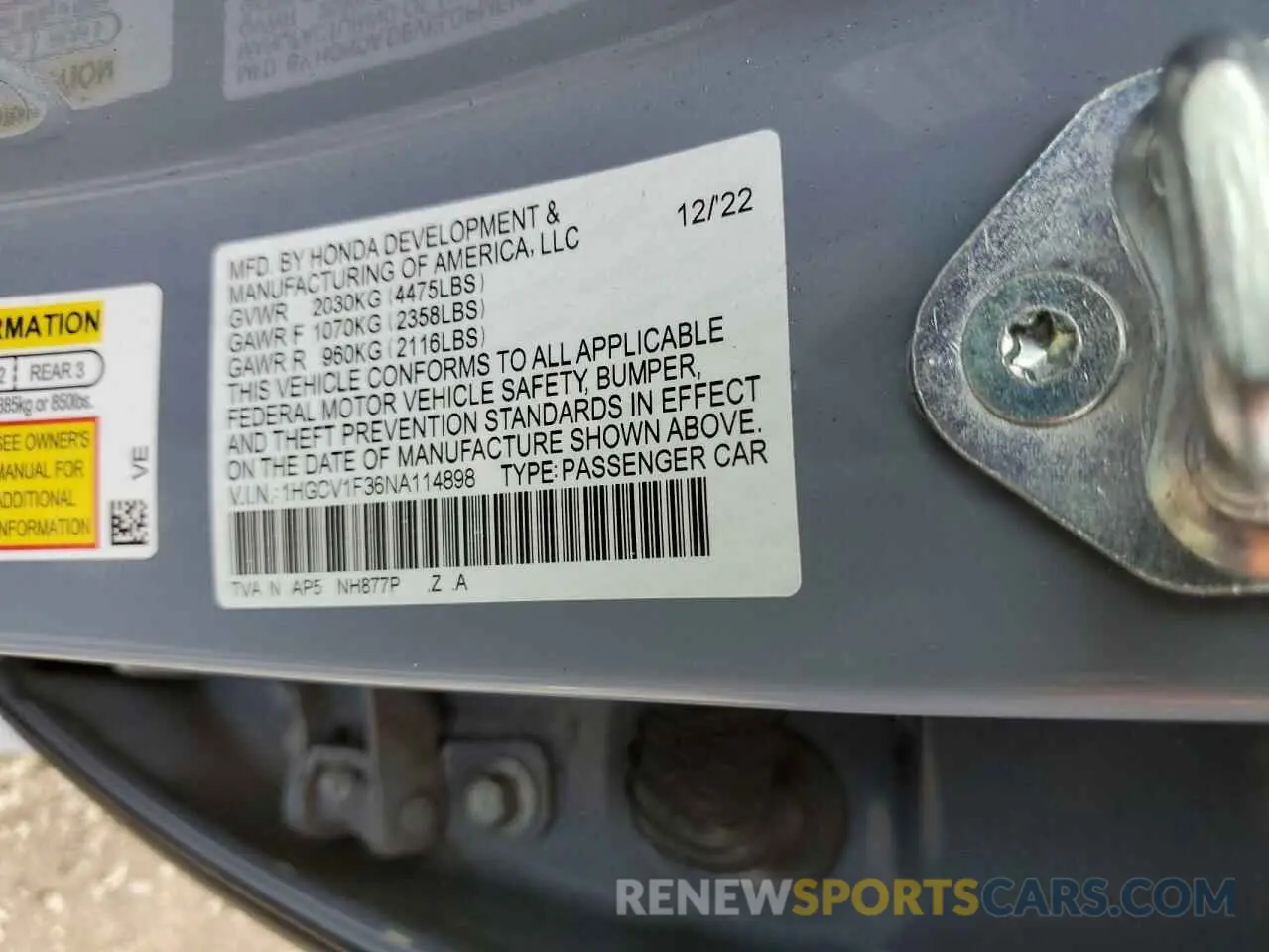 12 Фотография поврежденного автомобиля 1HGCV1F36NA114898 HONDA ACCORD 2022