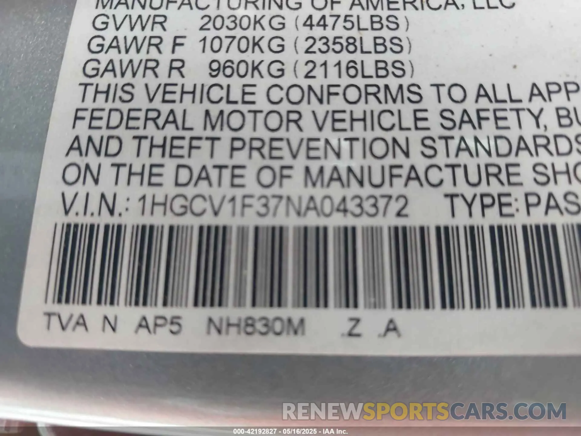 9 Photograph of a damaged car 1HGCV1F37NA043372 HONDA ACCORD 2022