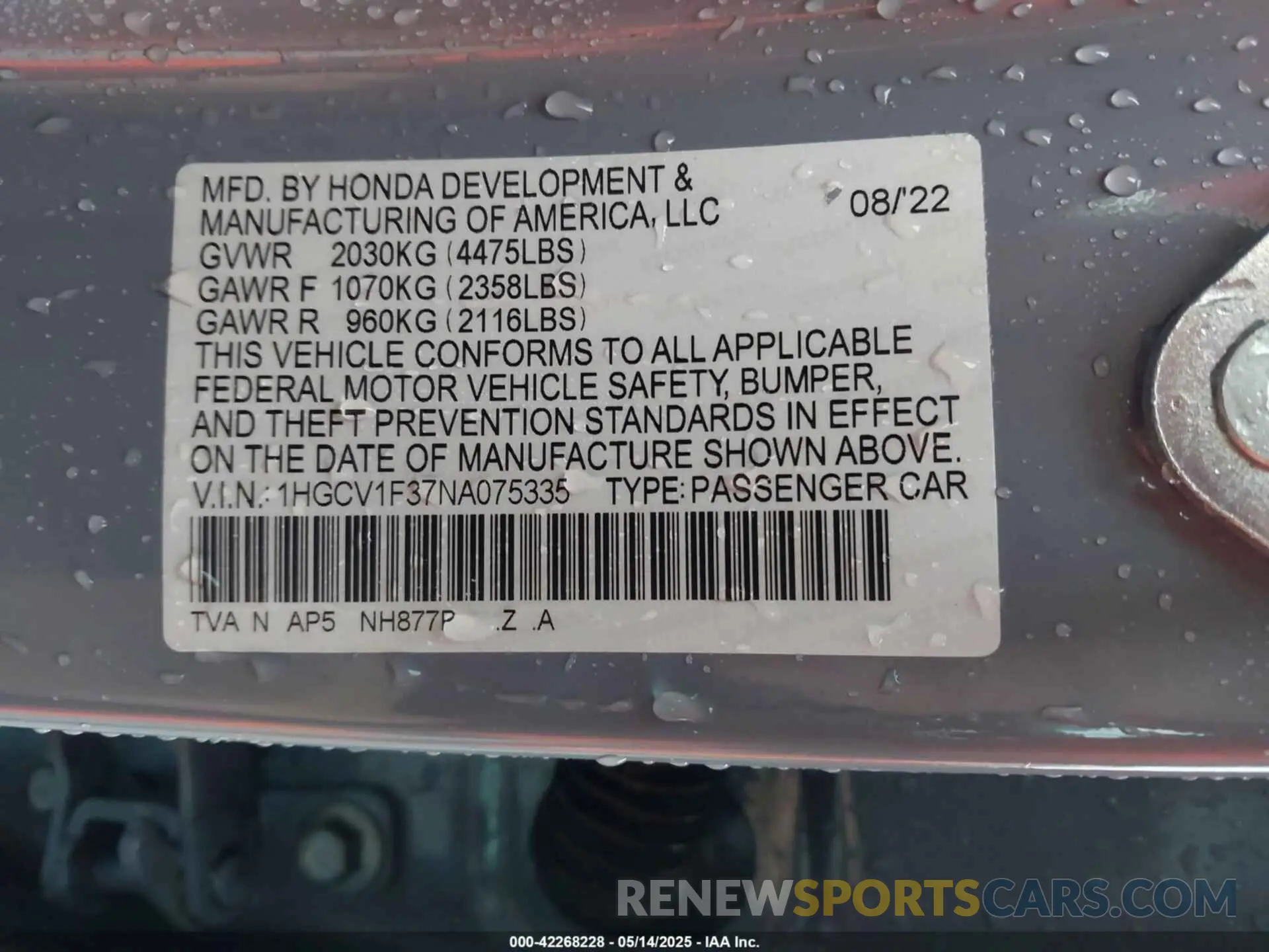 9 Фотография поврежденного автомобиля 1HGCV1F37NA075335 HONDA ACCORD 2022
