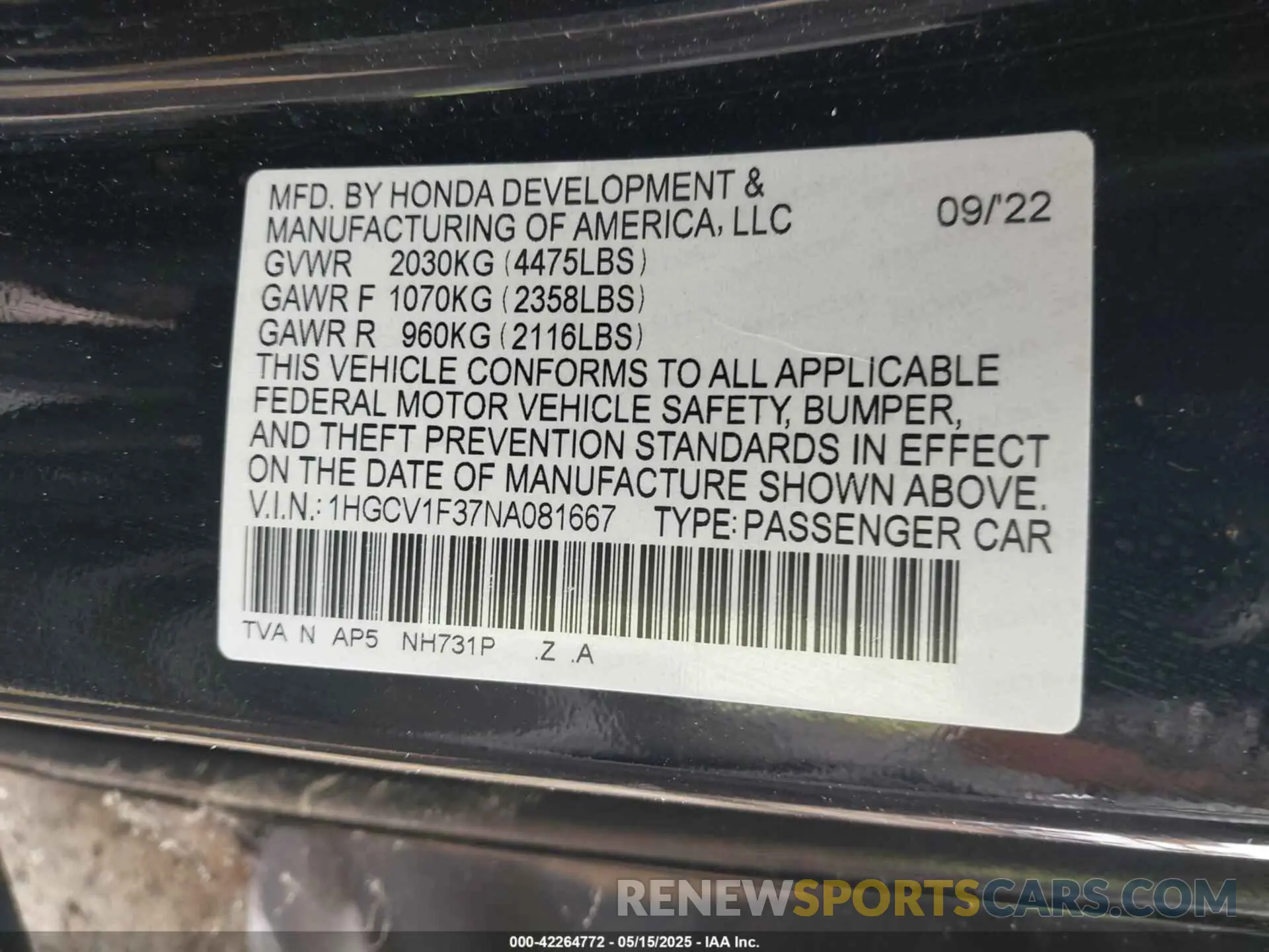 9 Фотография поврежденного автомобиля 1HGCV1F37NA081667 HONDA ACCORD 2022