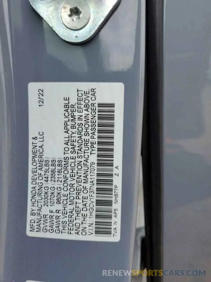 12 Photograph of a damaged car 1HGCV1F37NA117079 HONDA ACCORD 2022