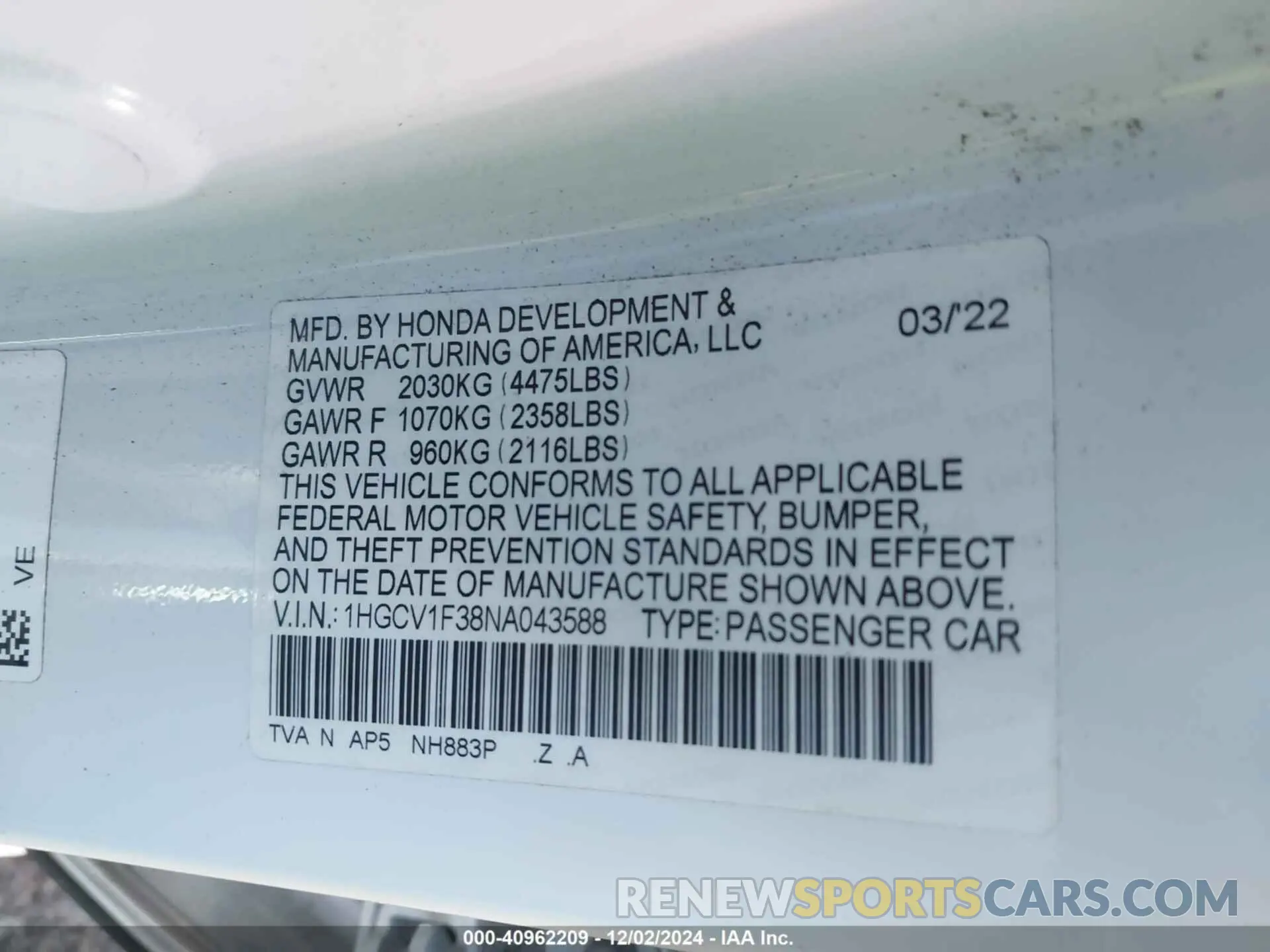 9 Фотография поврежденного автомобиля 1HGCV1F38NA043588 HONDA ACCORD 2022