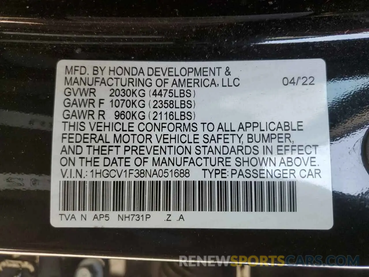 12 Photograph of a damaged car 1HGCV1F38NA051688 HONDA ACCORD 2022