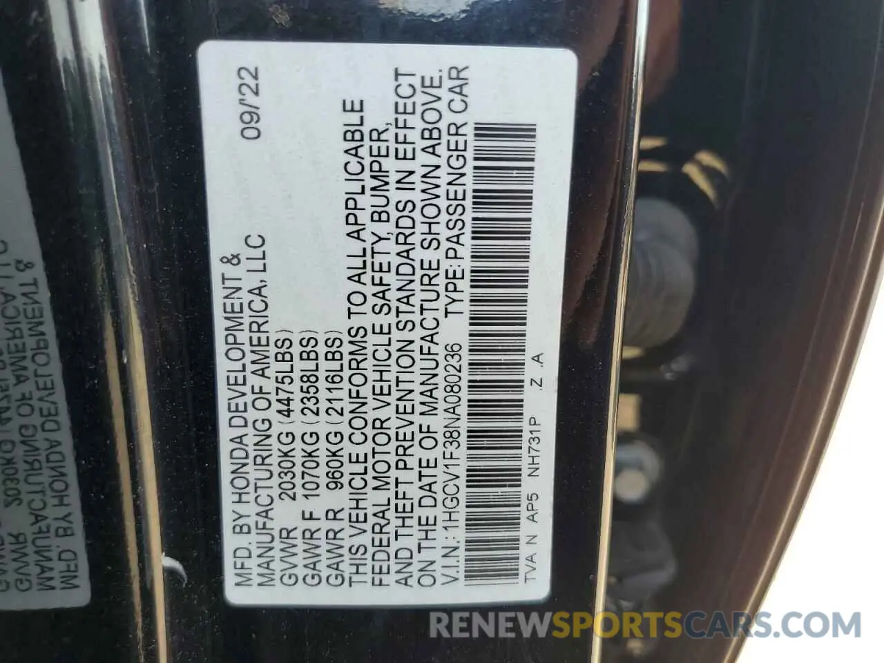 14 Фотография поврежденного автомобиля 1HGCV1F38NA080236 HONDA ACCORD 2022