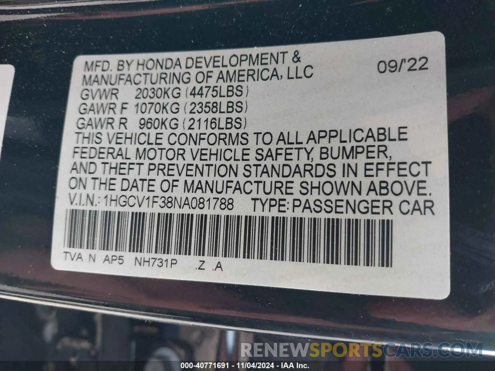 9 Фотография поврежденного автомобиля 1HGCV1F38NA081788 HONDA ACCORD 2022