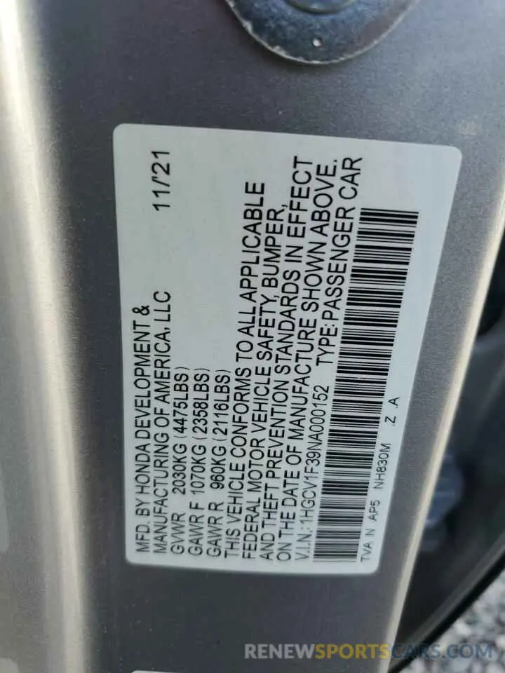 13 Фотография поврежденного автомобиля 1HGCV1F39NA000152 HONDA ACCORD 2022
