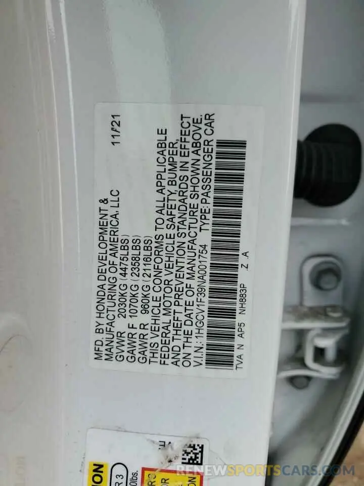 12 Photograph of a damaged car 1HGCV1F39NA001754 HONDA ACCORD 2022