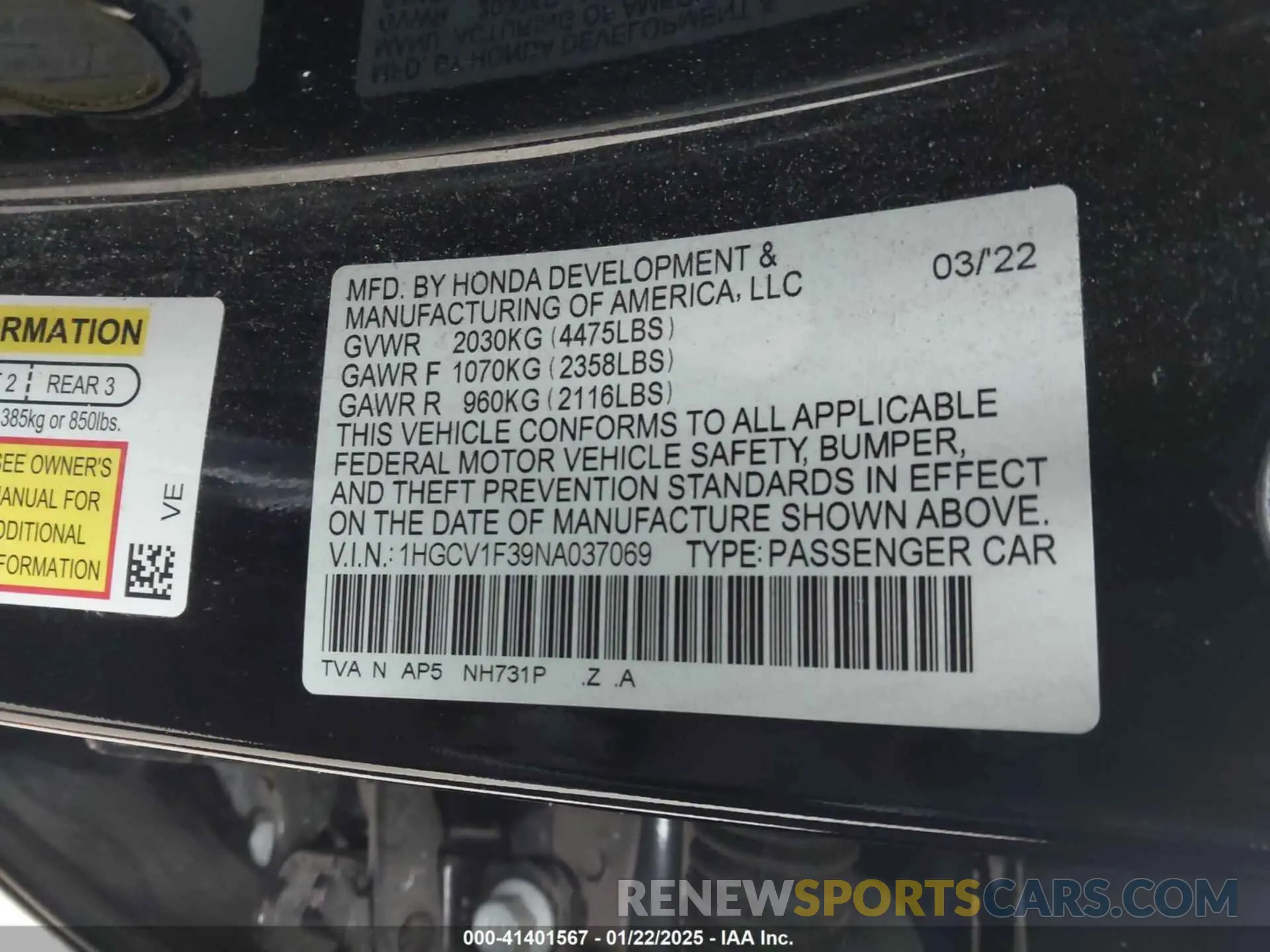 9 Photograph of a damaged car 1HGCV1F39NA037069 HONDA ACCORD 2022