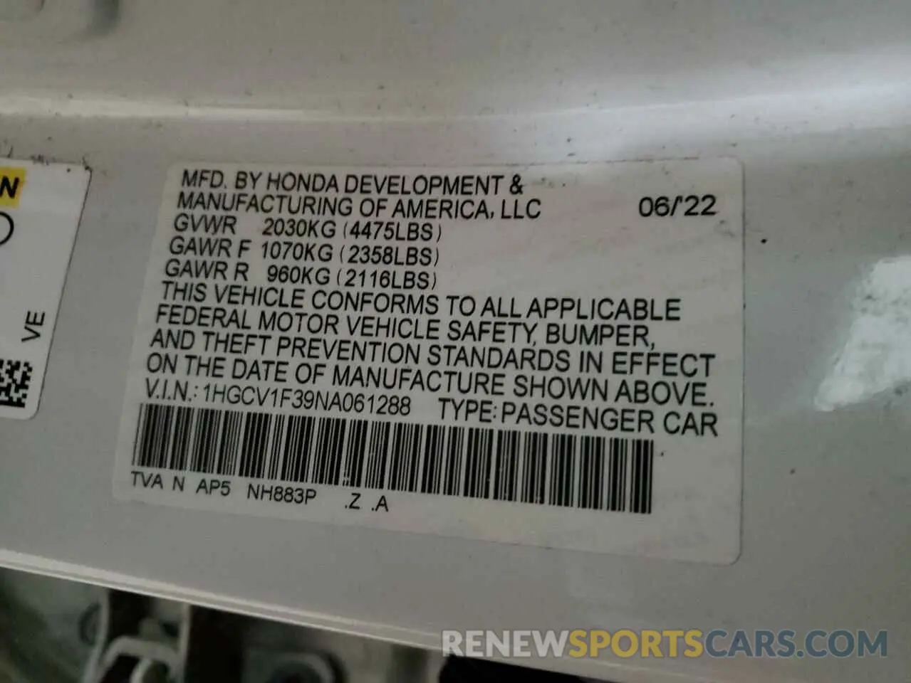14 Photograph of a damaged car 1HGCV1F39NA061288 HONDA ACCORD 2022