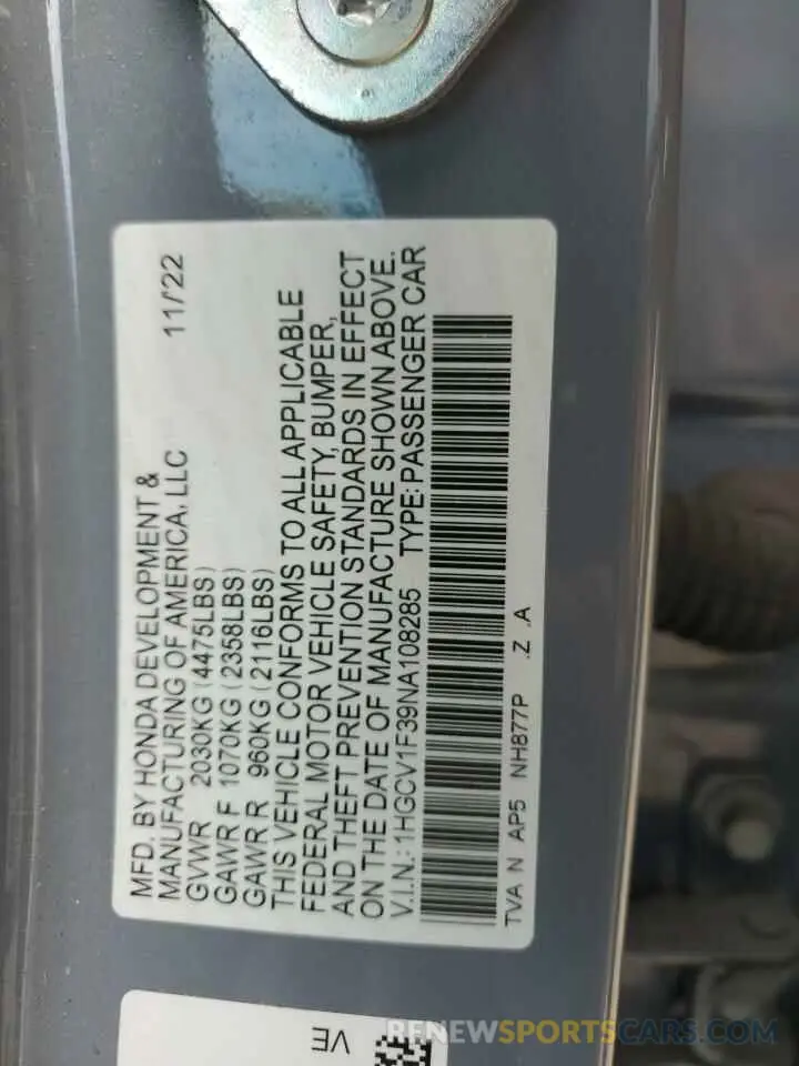 15 Фотография поврежденного автомобиля 1HGCV1F39NA108285 HONDA ACCORD 2022