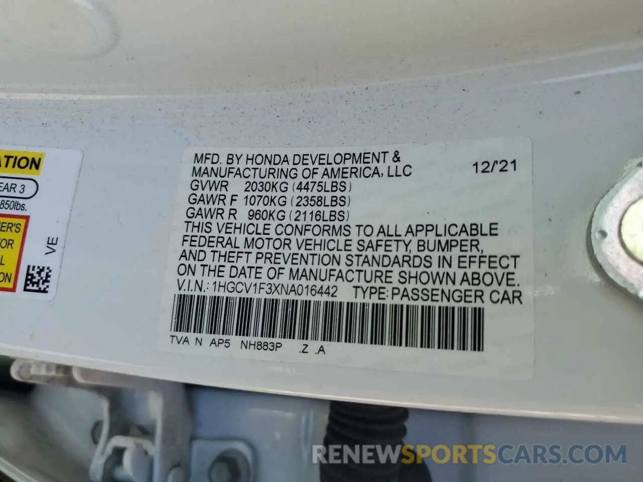 13 Фотография поврежденного автомобиля 1HGCV1F3XNA016442 HONDA ACCORD 2022