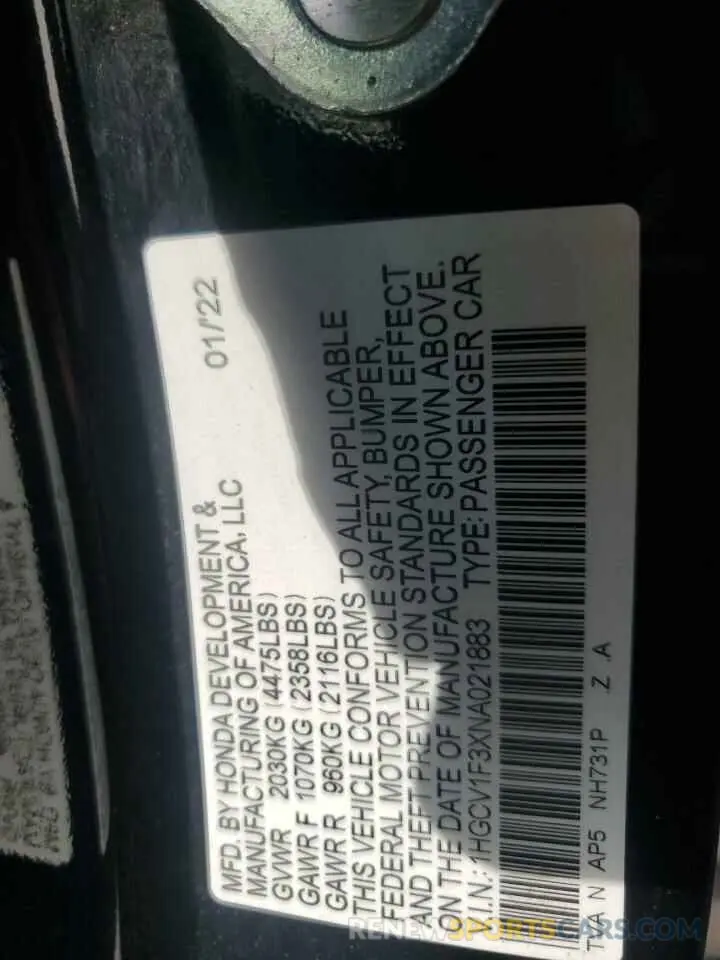 12 Фотография поврежденного автомобиля 1HGCV1F3XNA021883 HONDA ACCORD 2022