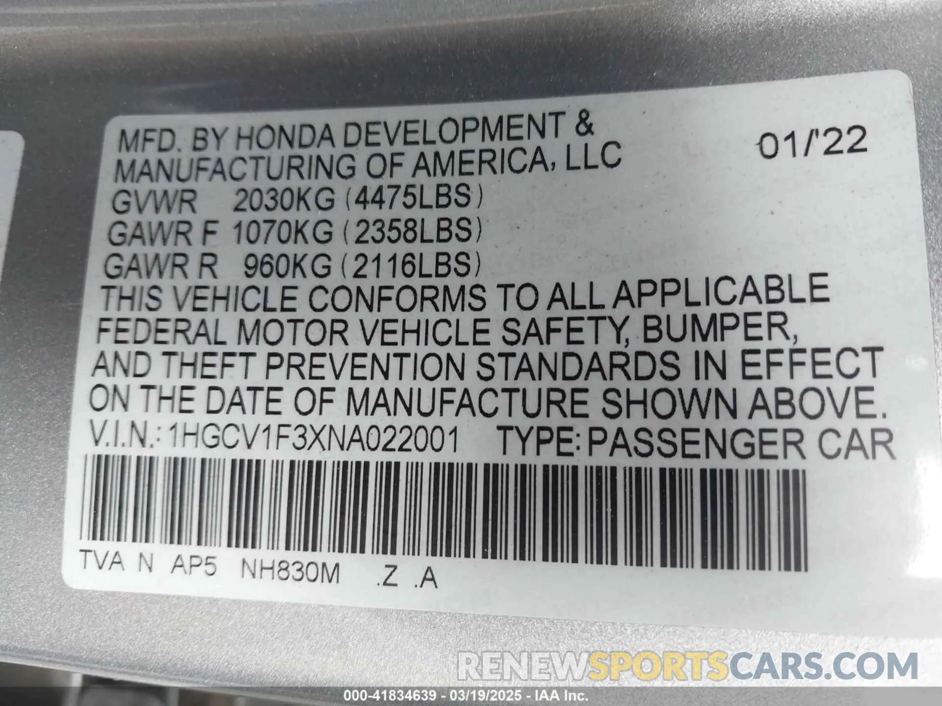 9 Photograph of a damaged car 1HGCV1F3XNA022001 HONDA ACCORD 2022