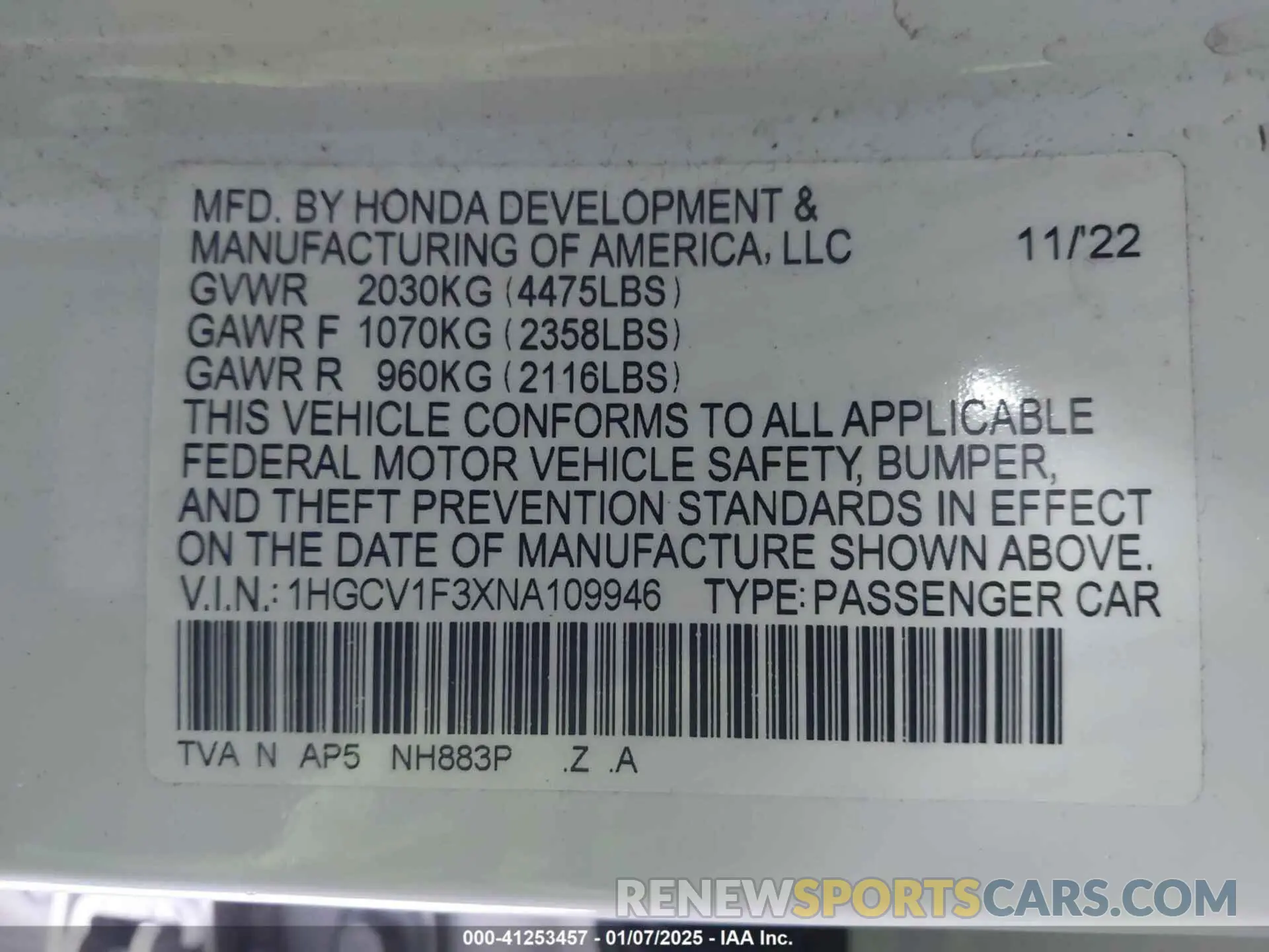 9 Photograph of a damaged car 1HGCV1F3XNA109946 HONDA ACCORD 2022