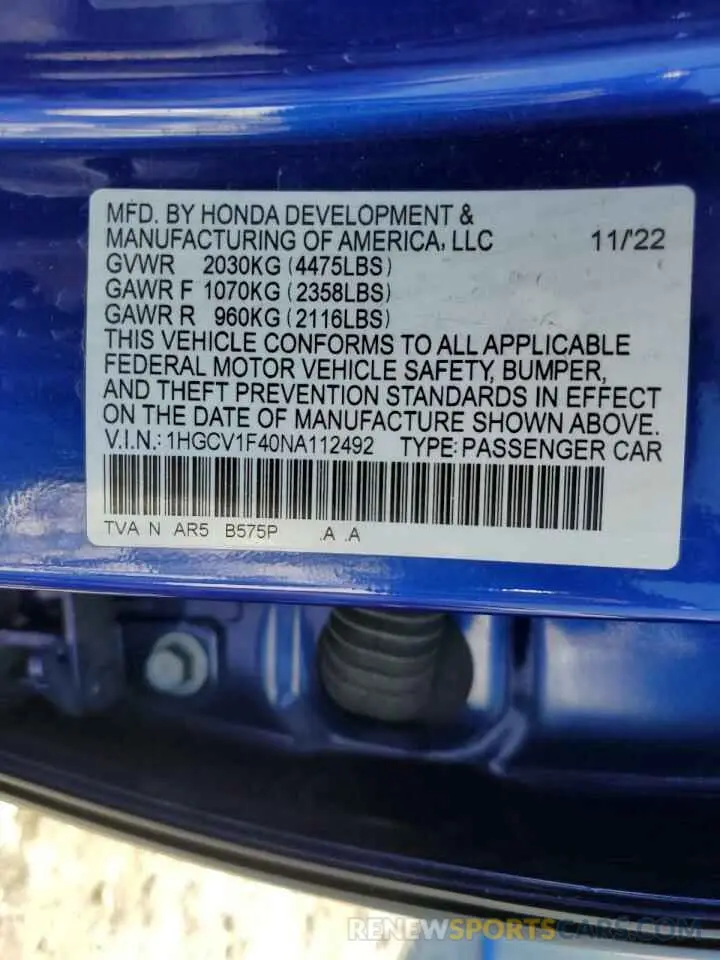 13 Photograph of a damaged car 1HGCV1F40NA112492 HONDA ACCORD 2022