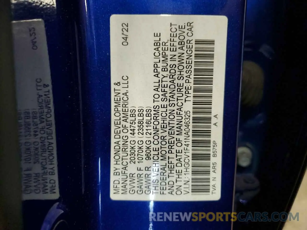 13 Фотография поврежденного автомобиля 1HGCV1F41NA046325 HONDA ACCORD 2022
