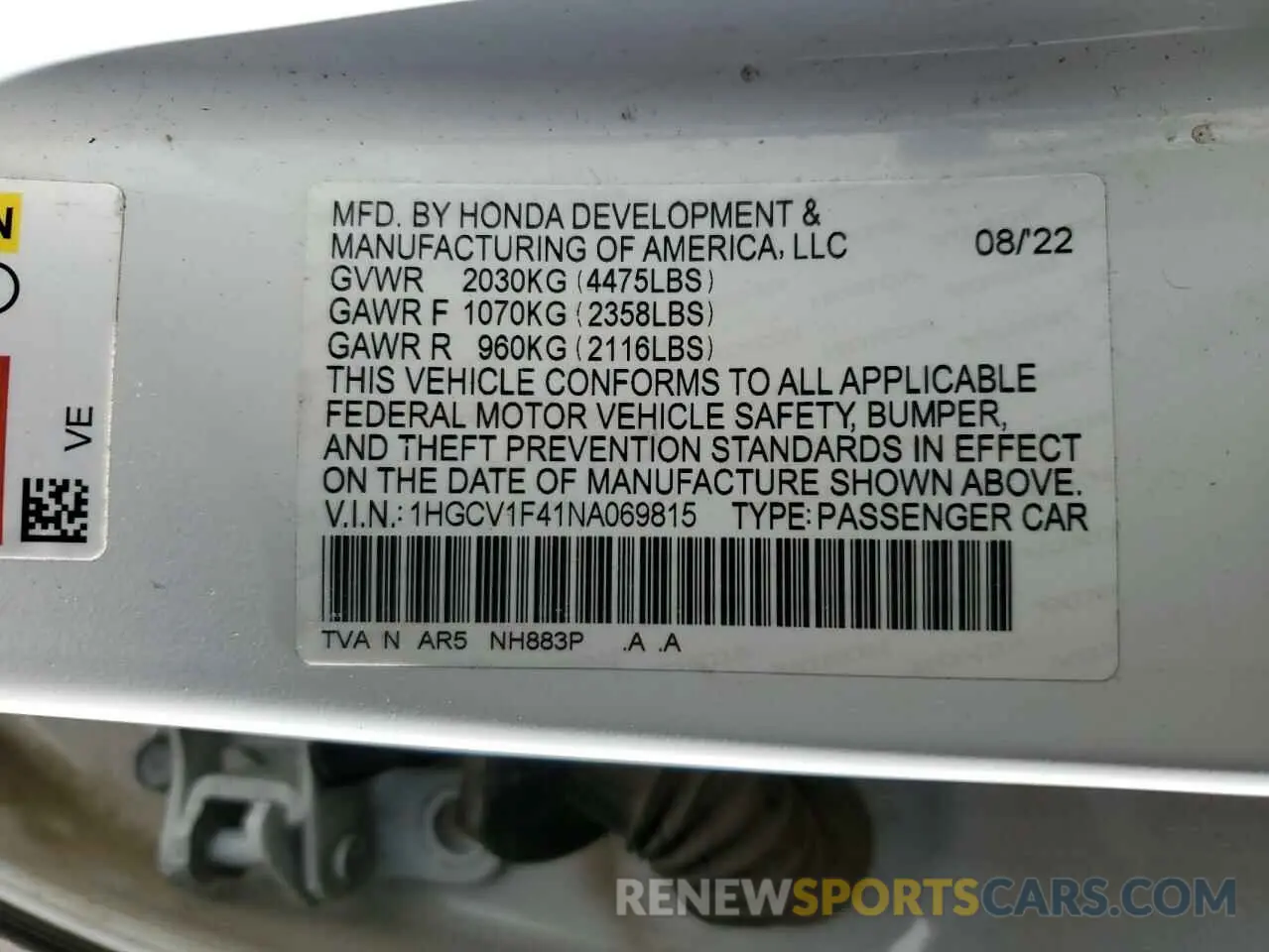 13 Photograph of a damaged car 1HGCV1F41NA069815 HONDA ACCORD 2022