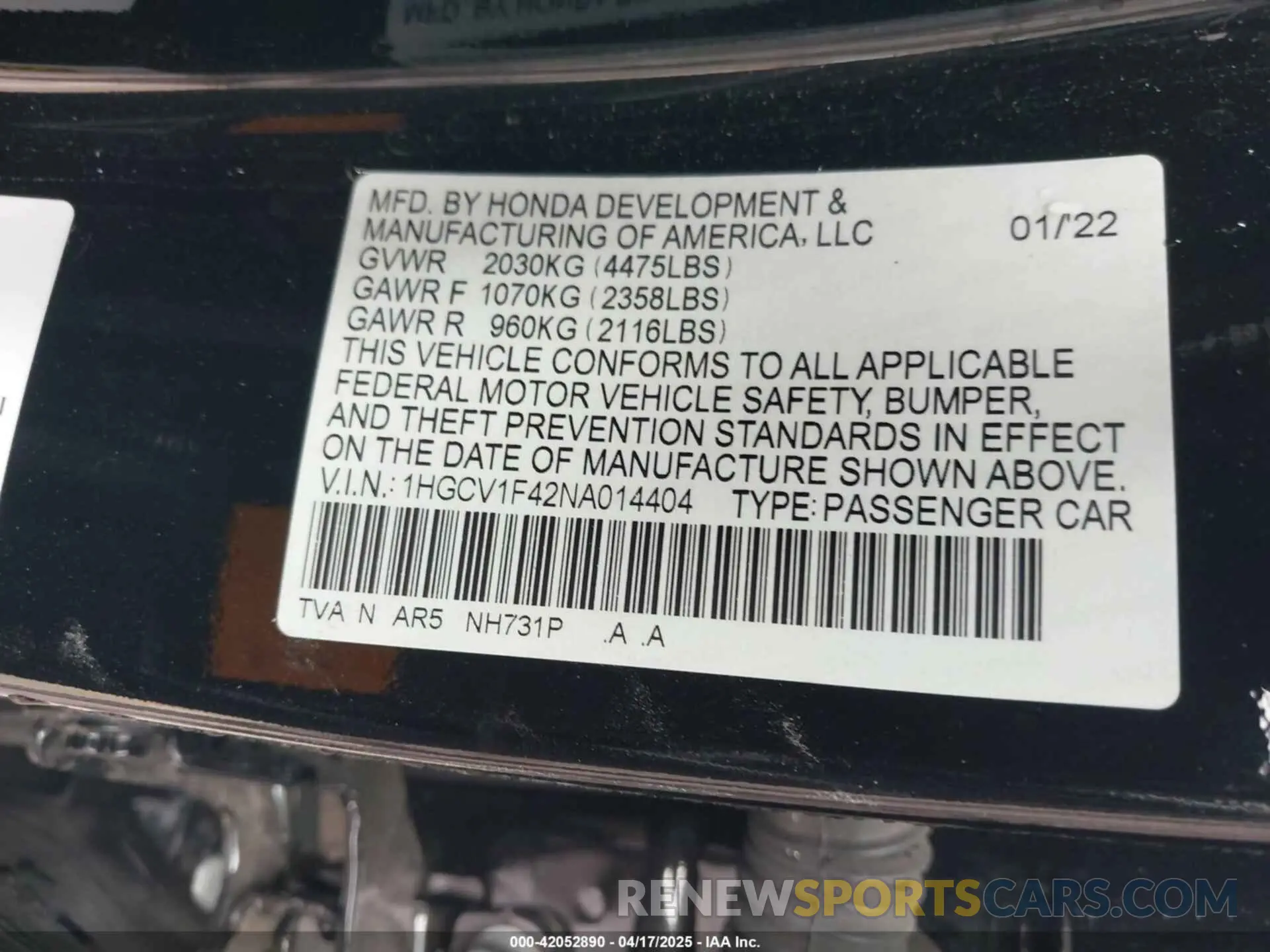 9 Photograph of a damaged car 1HGCV1F42NA014404 HONDA ACCORD 2022