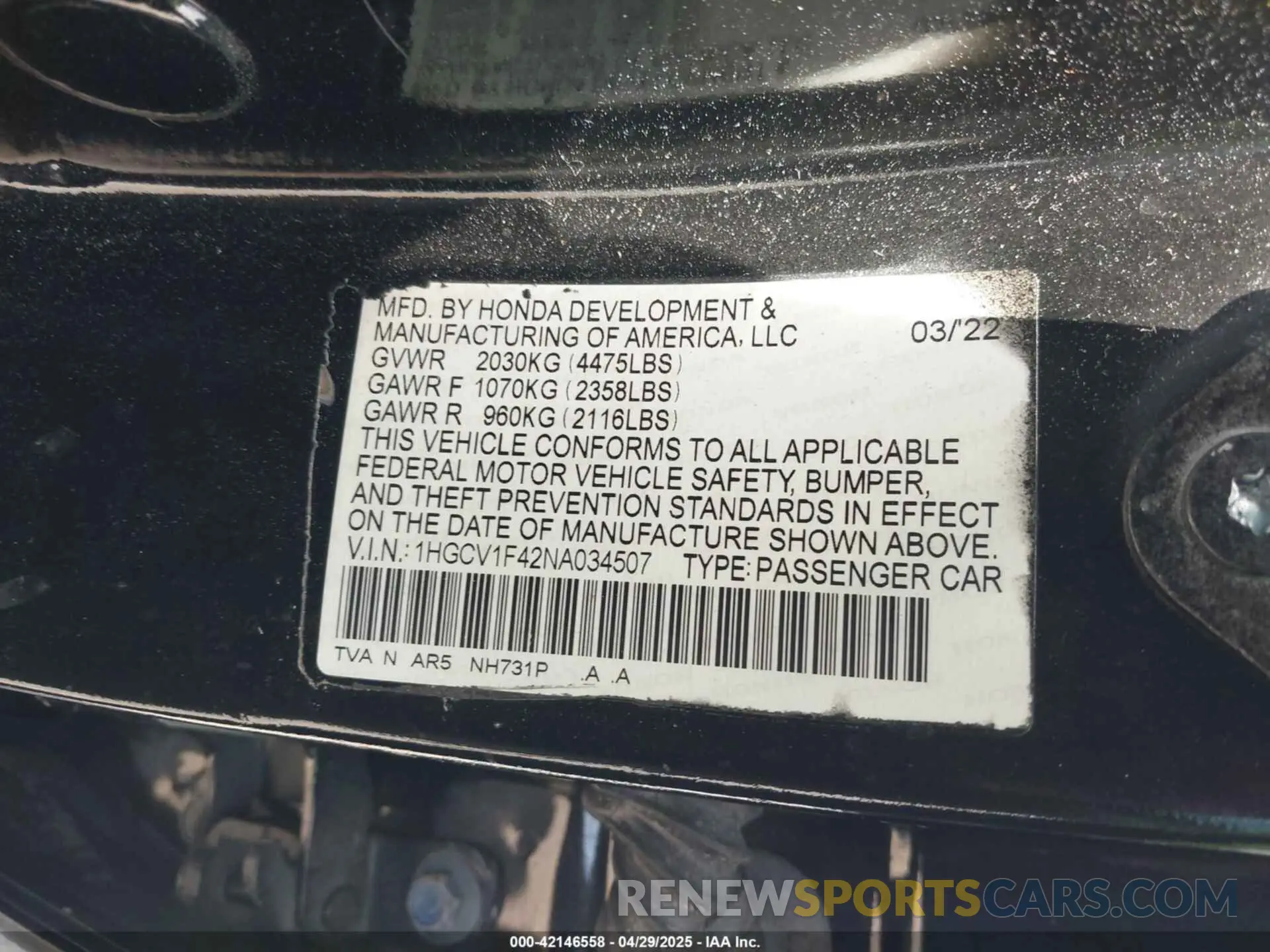 9 Фотография поврежденного автомобиля 1HGCV1F42NA034507 HONDA ACCORD 2022