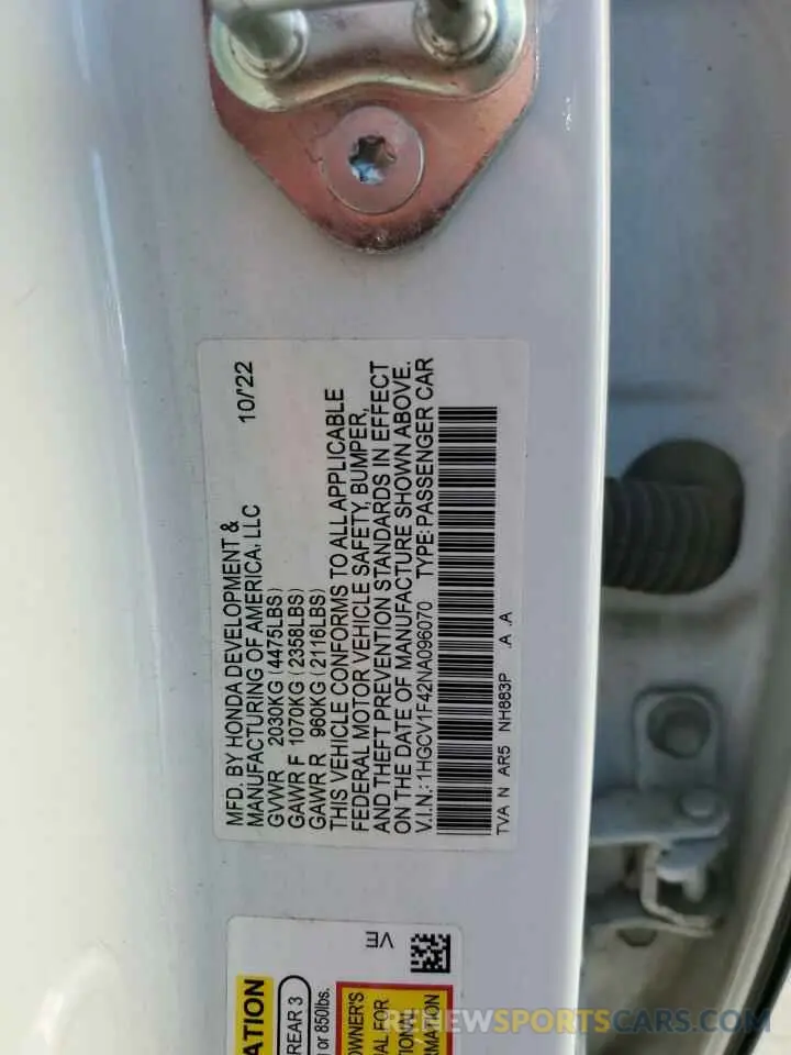 13 Photograph of a damaged car 1HGCV1F42NA096070 HONDA ACCORD 2022