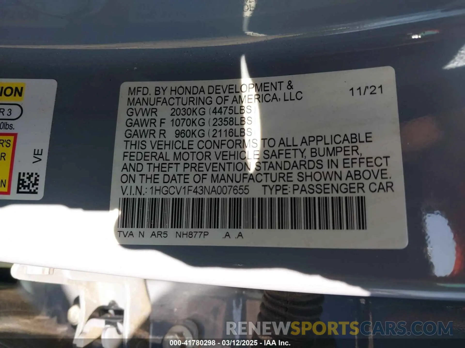9 Photograph of a damaged car 1HGCV1F43NA007655 HONDA ACCORD 2022